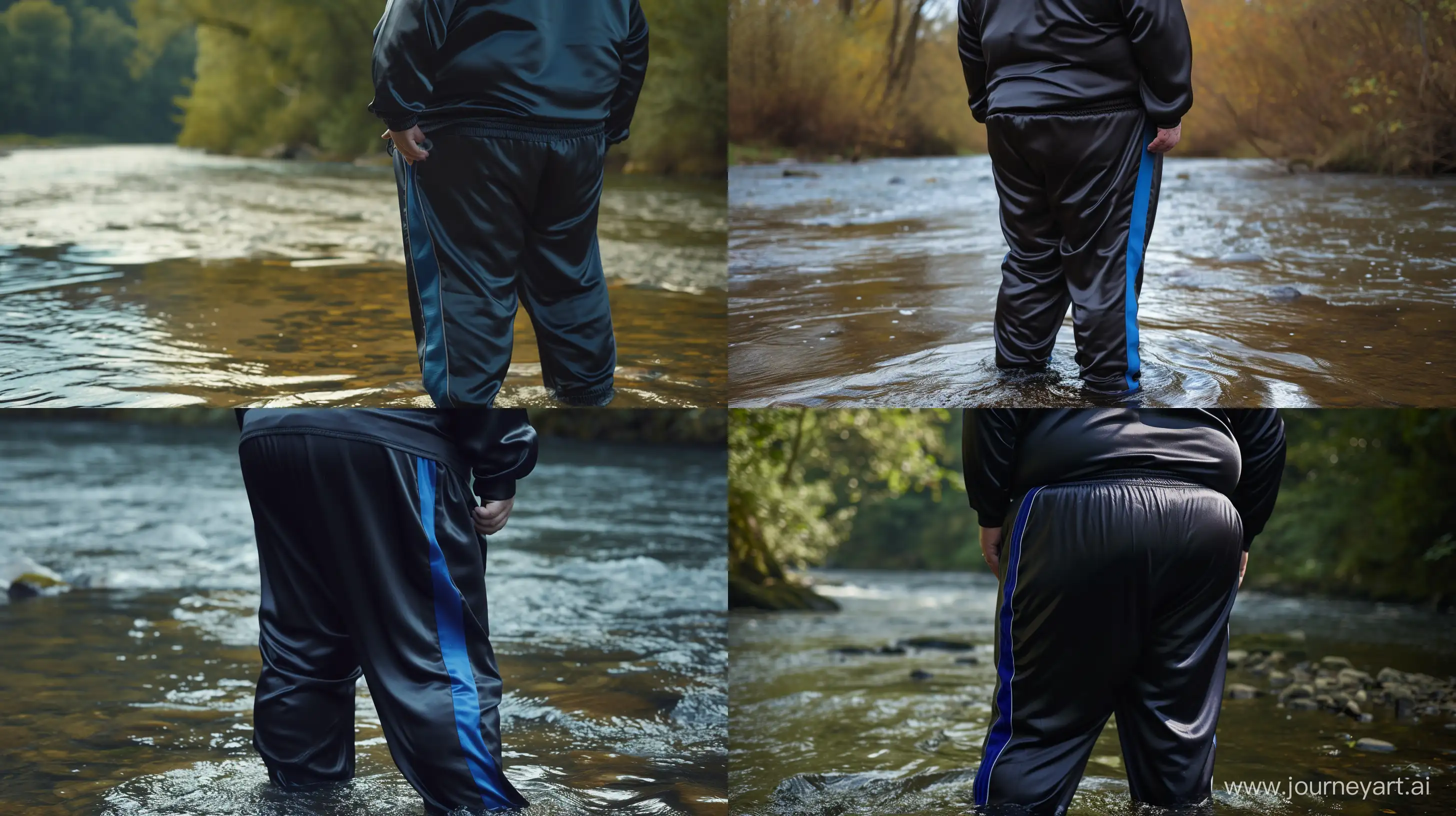 Back view close-up photo of a fat man aged 60 wearing a silk navy tracksuit with royal blue stripe on the leg standing in a river. Studio Lighting. --style raw --ar 16:9