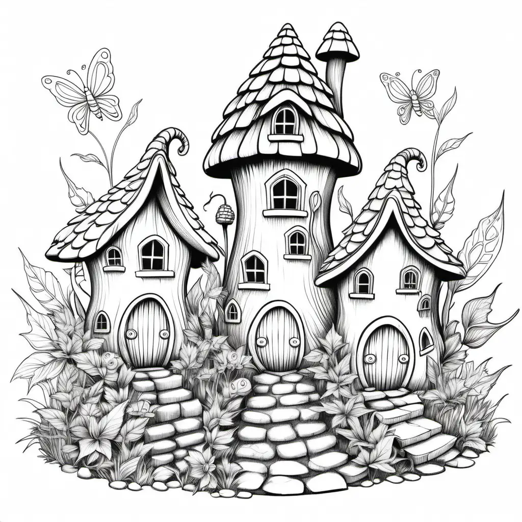 Enchanting Faerie Houses Coloring Page for Kids