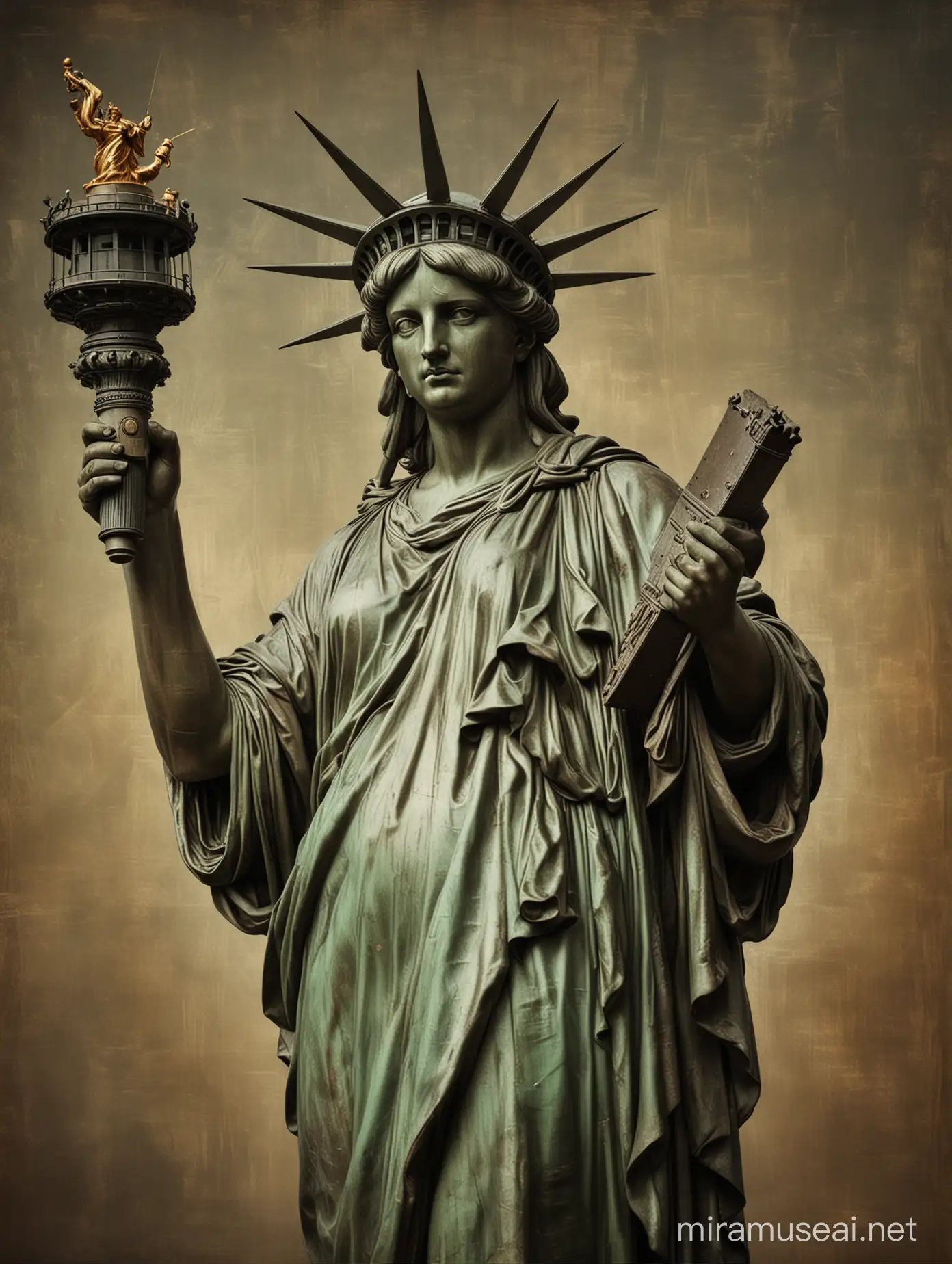 A picture of the Statue of Liberty in New York in the style of 1600 century artist Caravaggio.
