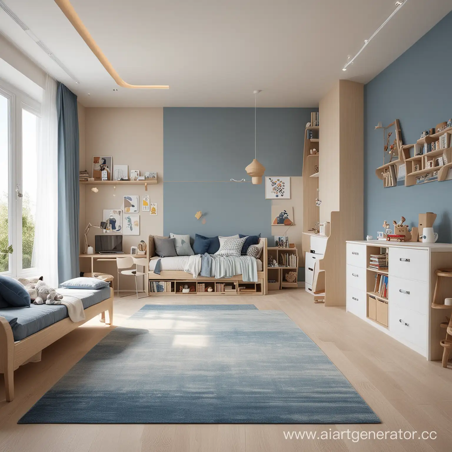 Сгенерируй детскую комнату с бежевыми и голубыми акцентами, мебелью, размером 900х1200 px, чтобы на полу было место для вставки изображения ковра