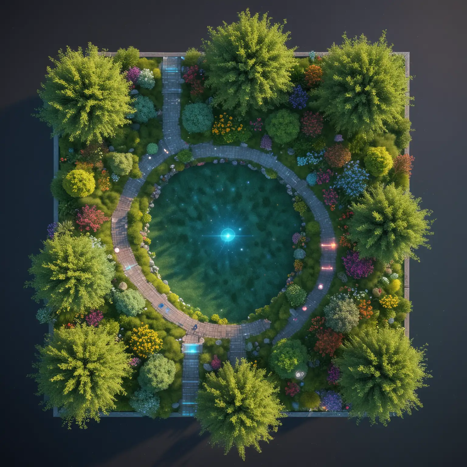 top view ai magical space with pathway and tress and grass holograms dimmed lighting very magical and hologram coloful top view
