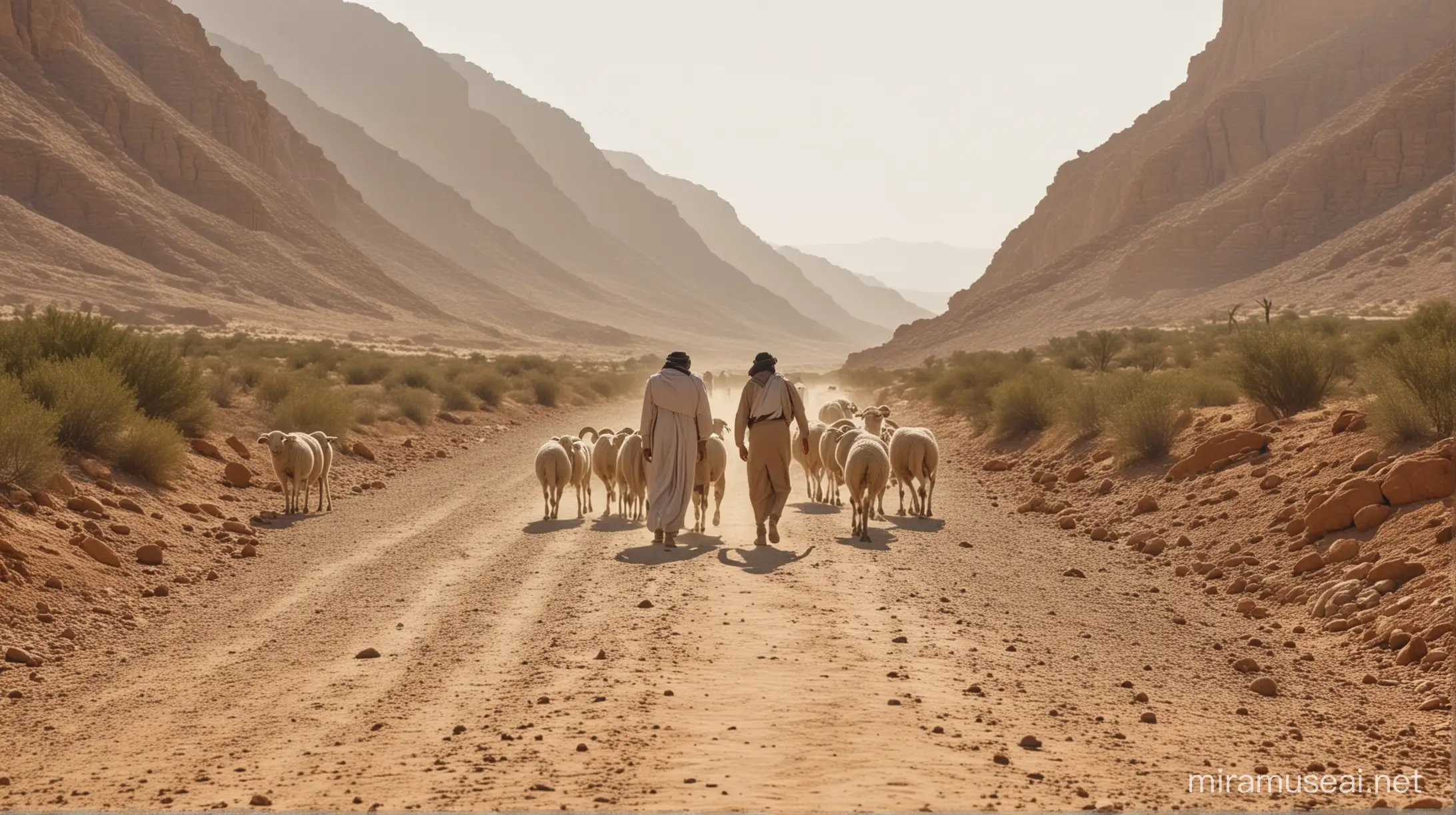 A husband and wife and some sheep and rams are walking away along a desert path in the middle east.
