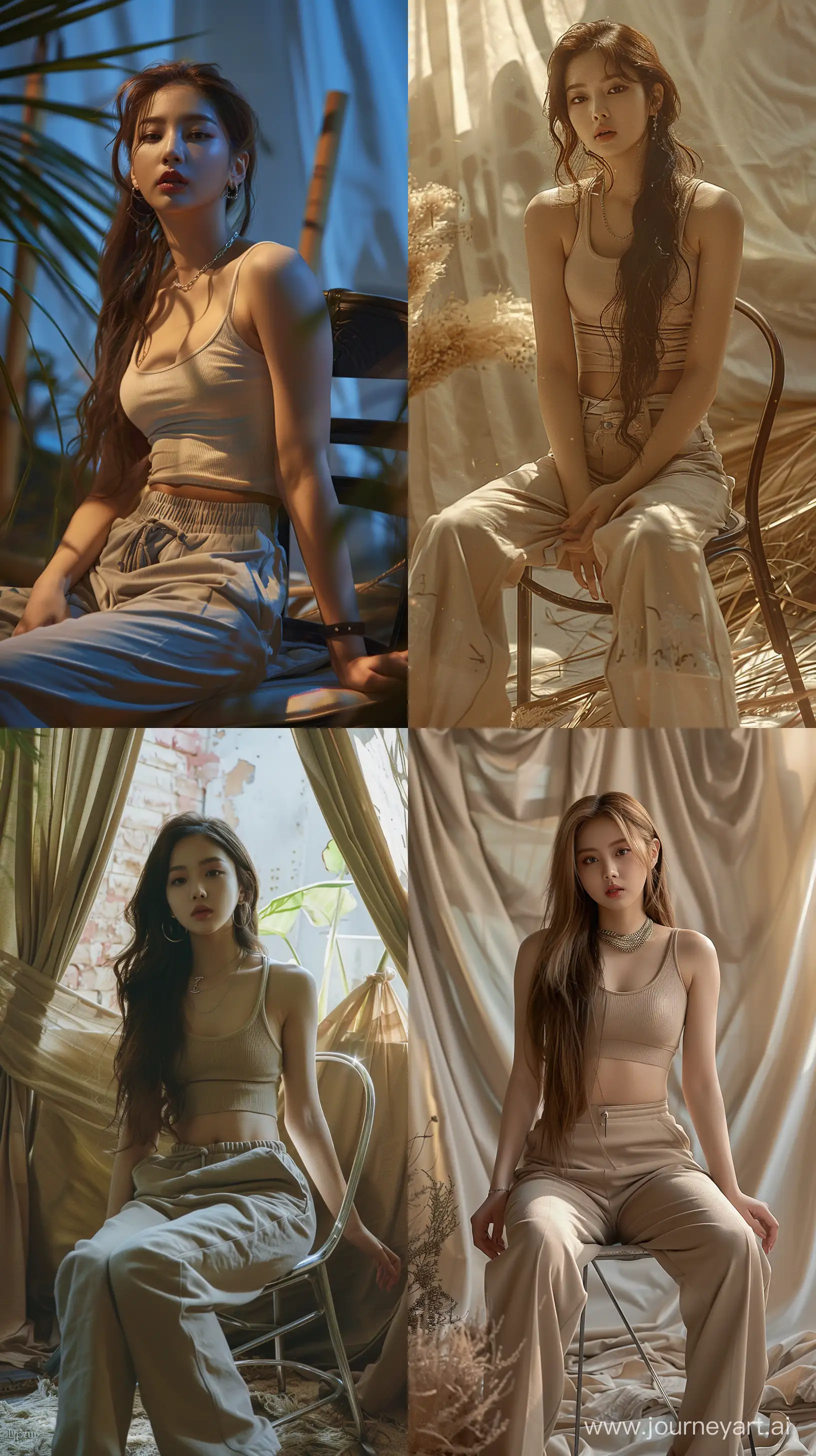 High resolution fashion photo of jennie blackpink's full body shot, wearing sport tanktops and oversize baggie pants sit on chair,nature studio set, super casual, in the style of jennie, mysterious nocturnal scenes,fuji film, album covers, flickr --ar 9:16 --style raw --stylize 250 --v 6