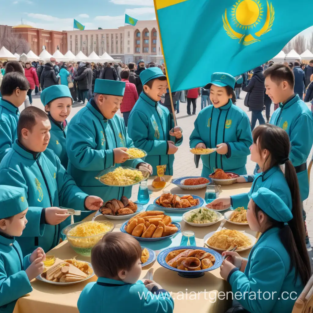 Праздник весны. Казахстан. Люди на площади. Флаг Казахстана. Угощают национальными блюдами