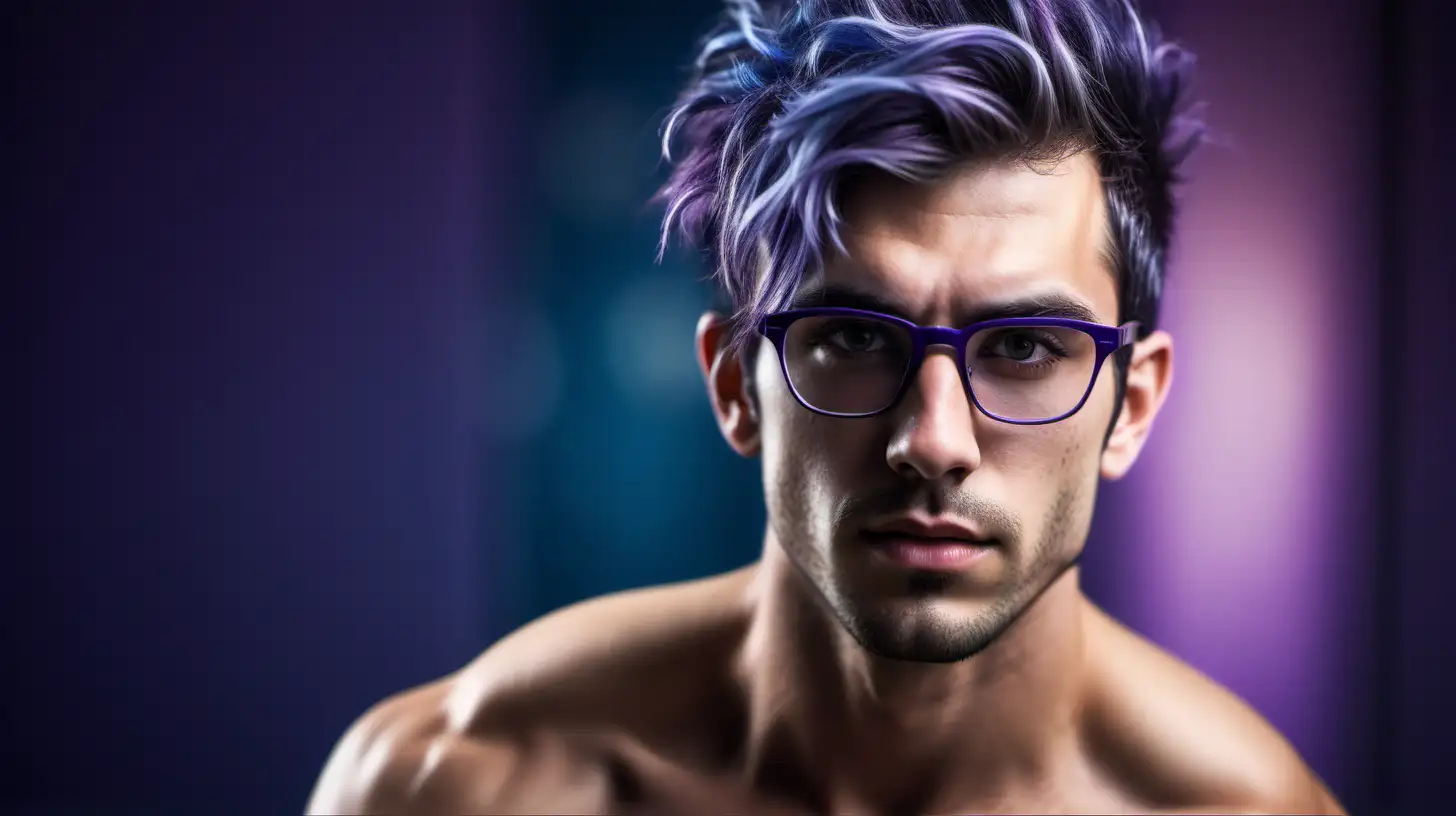 Beautiful european man, very attractive face, detailed eyes, hairy chest visible, muscular build, slim body, dark eye shadow, messy blue and violet hair in an updo, glasses, half naked big hairy chest, close up, bokeh background, soft light on face, rim lighting, facing away from camera, looking back over his shoulder, photorealistic, very high detail, extra wide photo, full body photo 3/4 photo, aerial photo