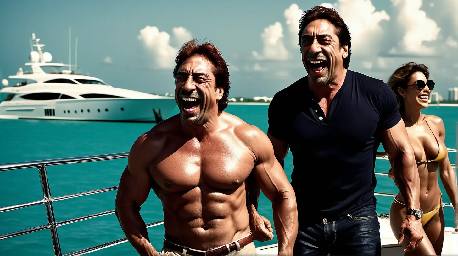 Generate a glamorous image of Javier Bardem laughing on a yacht  in Miami with another muscular man, a brooding, Brazilian bodyguard standing next to him. Surround them with beautiful women.