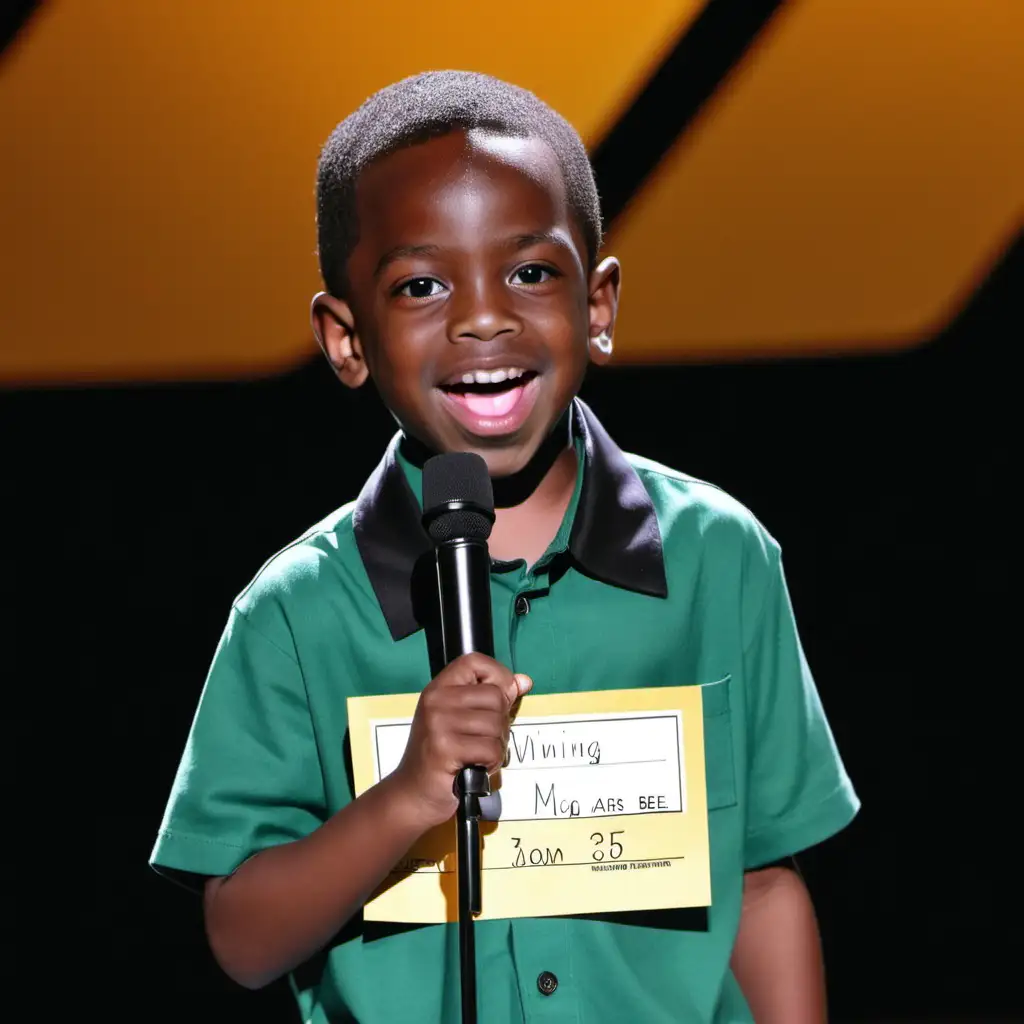 A 6 year old black boy winning a spelling bee. 