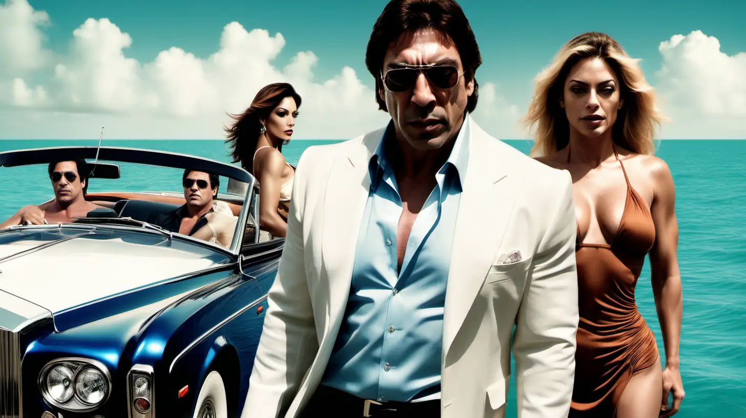 For a crime drama, "Made in Miami", generate a photographic movie poster image of two of the film's heroes: a rakish Javier Bardem and a muscular Brazilian guy, both very stylish and surrounded by Rolls Royces, Ferraris, decadence, and sexy women near the water in Miami, Florida. Leave room for typeface on the left side
