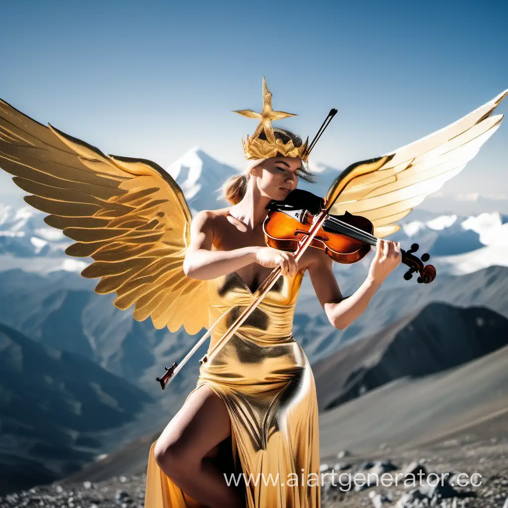 Красивая Скрипачка играет в золотом костюме с крыльями на вершине горы эльбрус