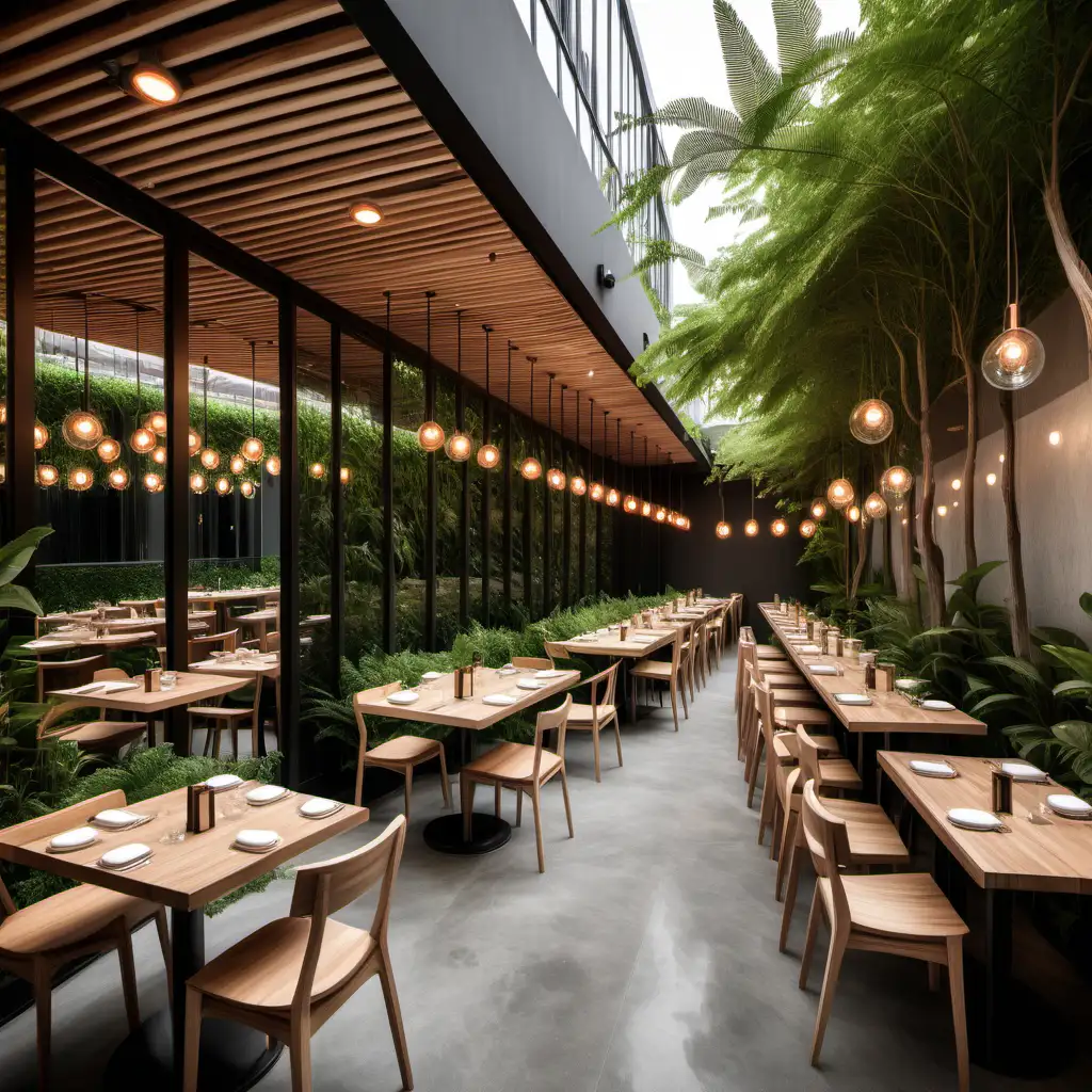A contemporary restaurant with a lot of greenery and aesthetics, also include an outdoor seating, mirrors, lightning fixtures and a touch of wood.