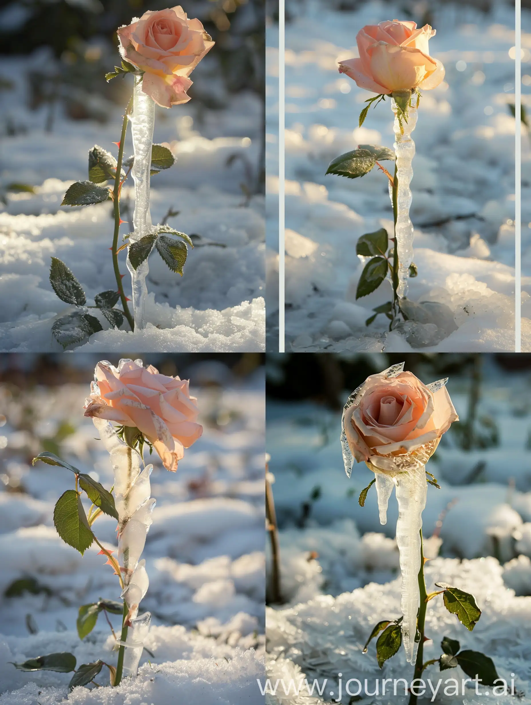 雪地上有一个一朵竖着生长的浅粉色玫瑰被冰块包裹着，阳光照射在冰块上，光线柔和