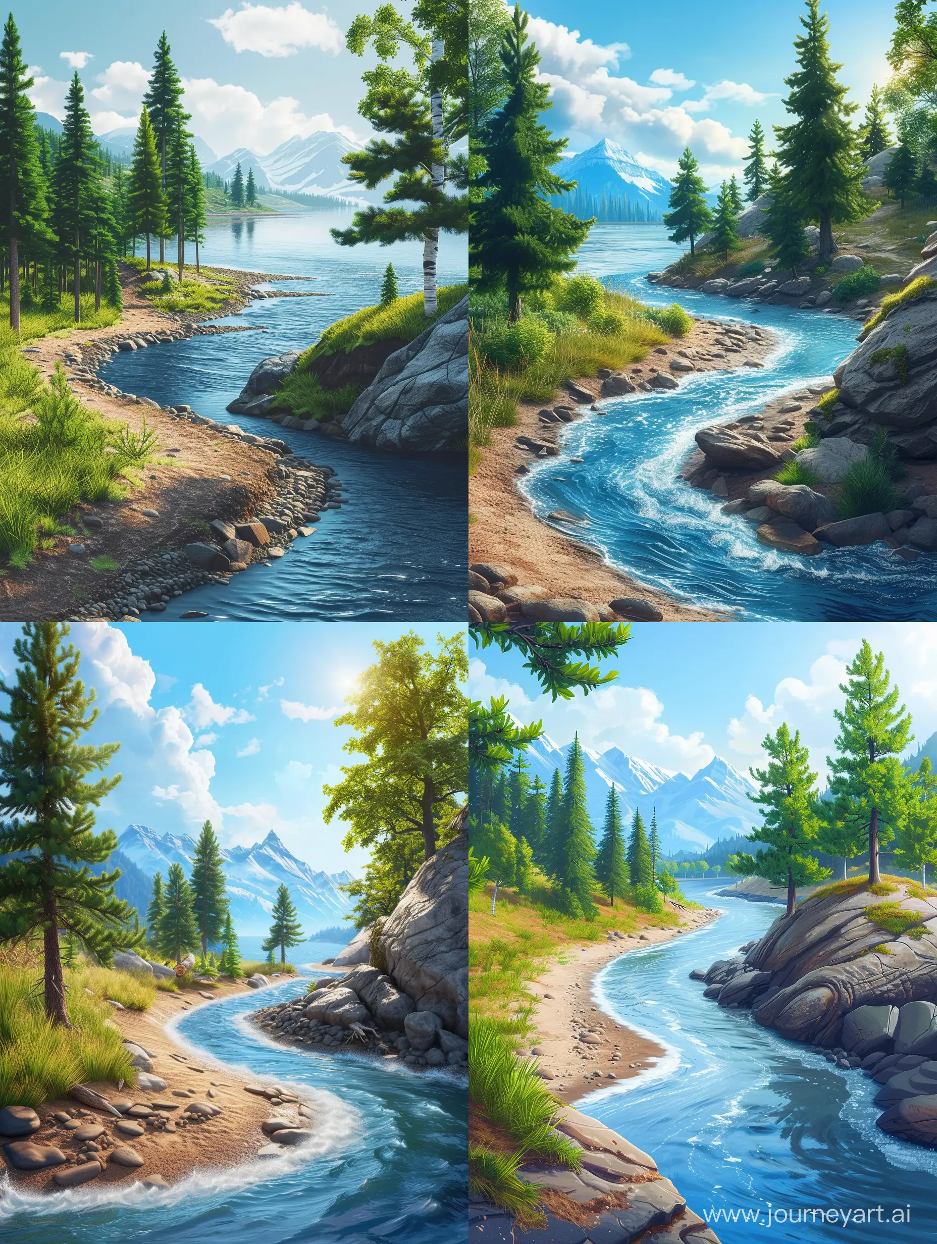 the Pixar-style landscape is a winding river, rocky shores, next to a rock on which fir trees grow on the left side of the river, there is birch spruce grass, blue mountains are visible in the distance, the sun shines and there are clouds