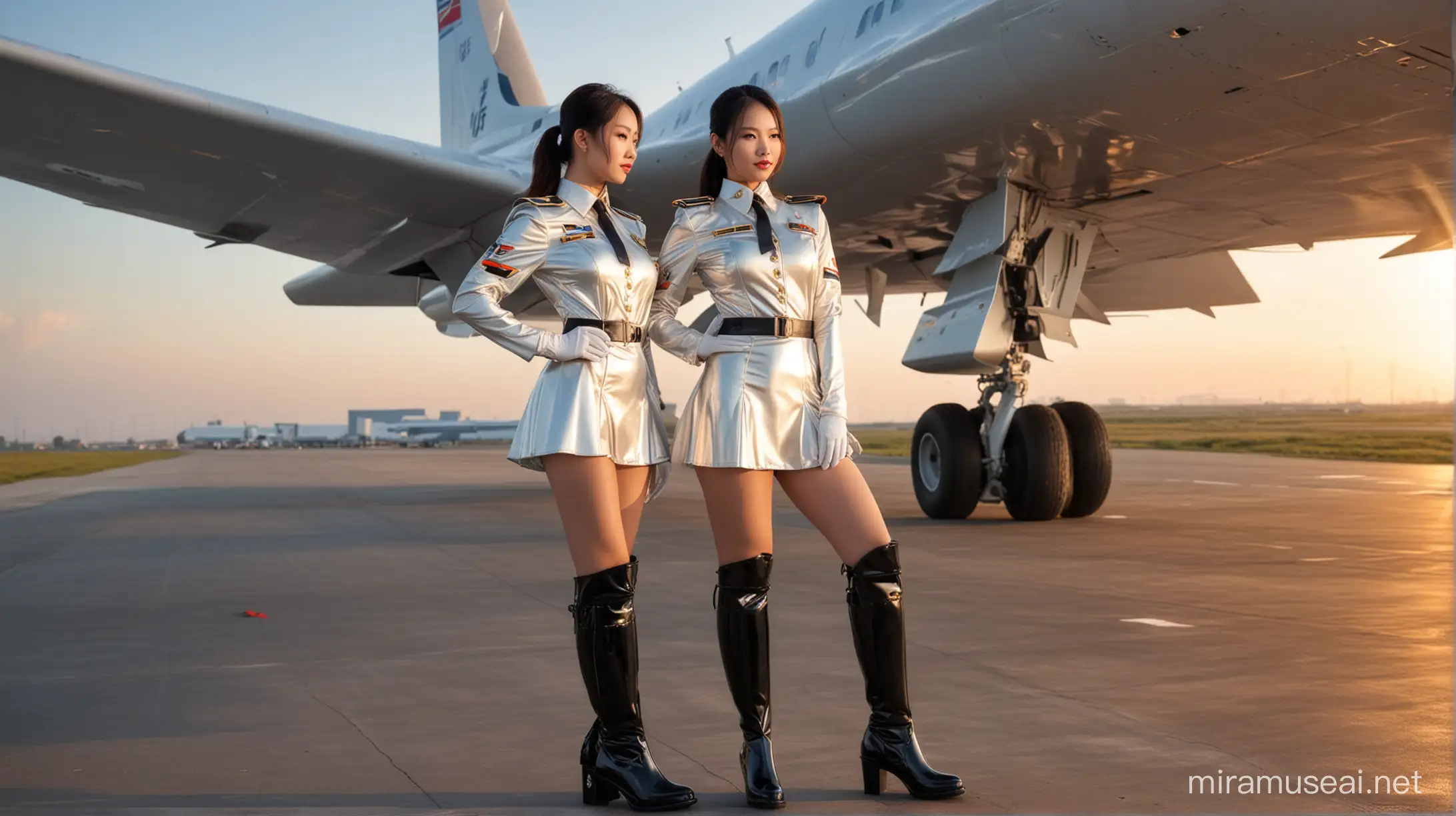 chinese woman, latex uniform, military officer, very shiny glossy patent uniform, short-sleeve latex uniform, short skirt, rubber gloves, patent overknee platform boots, sunset lighting, standing beneath an airplane wing ready to take flight