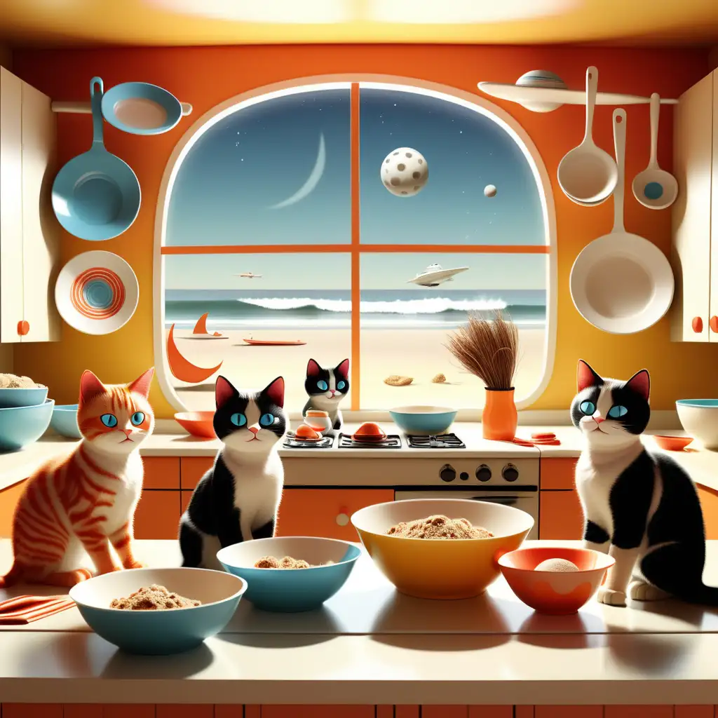 Create a logo: space age looking cats are playing in a kitchen among the utensils and bowls and plates. There is a window open in the kitchen and it looks out on a beach, where families are playing and where surfers are enjoying the waves. The image is happy and bright and retro-looking with the space age cat theme.