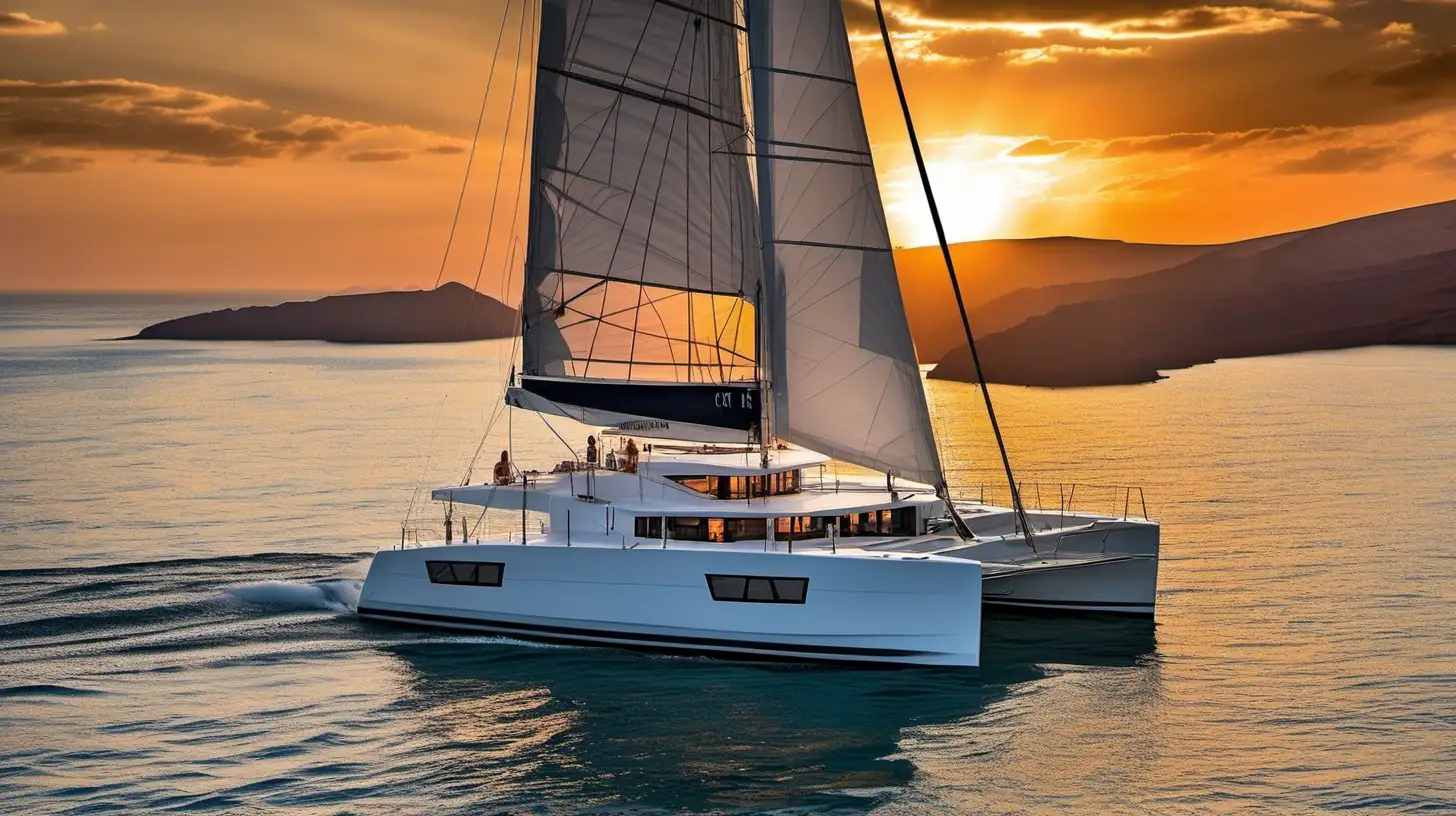 realistic photo of a catamaran lagoon 450  with open sails near Santorini with a sunset backdrop 