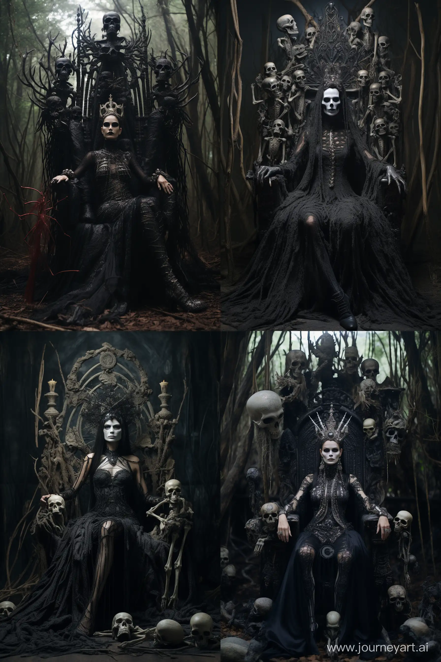 High archived photo of queen sitting on a throne made entirely of bones. She is  wearing an elaborate gothic headpiece and full black lace gown. Behind her,  a tall ominous skeleton stands wearing a robe with cryptic writing. The setting is a minimalistic creepy forest, hassleblad --ar 2:3