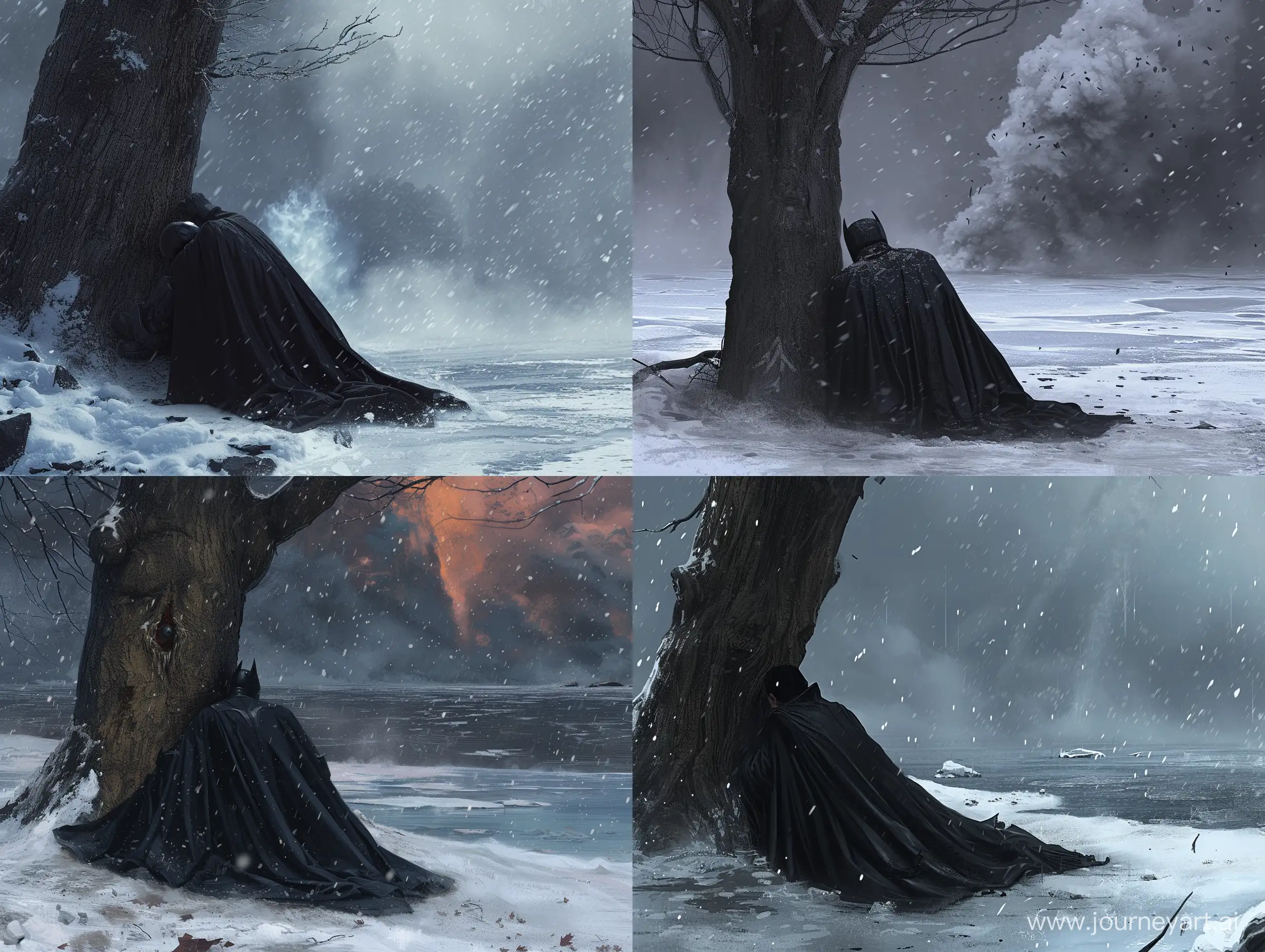 concept art , wounded man in a black cape suit, lying leaning against a tree, back view, huge thermo blast on an icy lake, snowstorm