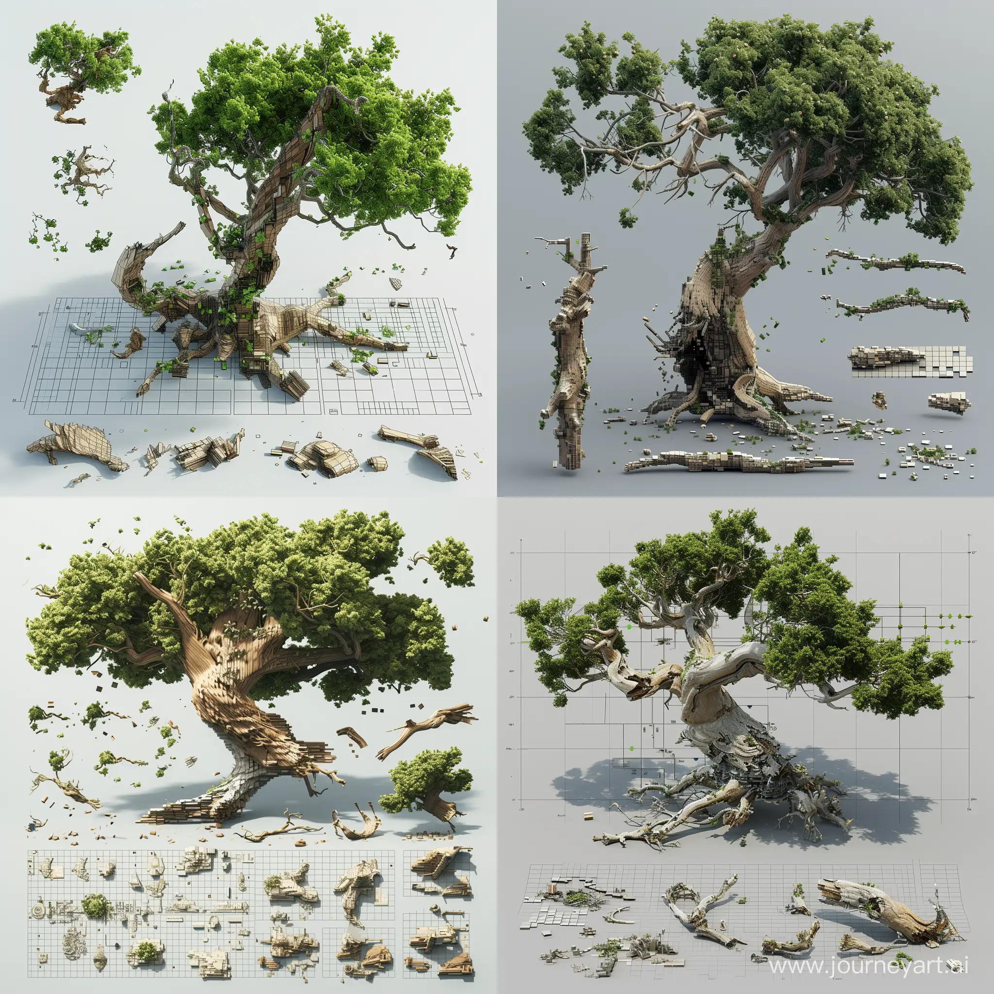 Exploded view of a modular tree, dislocated limbs, detailed layout, breakaway view revealing a dismantled state, parts breakdown visible on sprite sheet, 3d, ultra-detailed, octane rendering