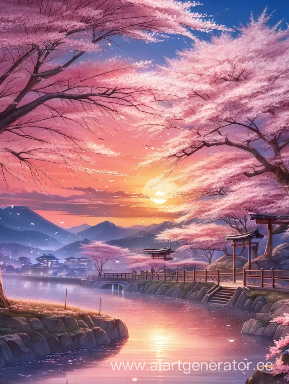 landscape trees sakura beautiful sunset anime art