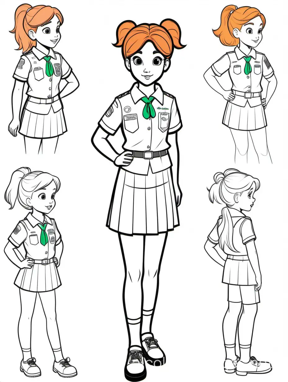 character study, GIRL SCOUT, PEACH hair, up do hair, SCOUT UNIFORM, multiple poses, full body, half body, quarter body, arms in poses, hair up and hair down, artist canvas, annotations, Coloring Page, black and white, line art, white background, Simplicity, Ample White Space. The background of the coloring page is plain white to make it easy for young children to color within the lines. The outlines of all the subjects are easy to distinguish, making it simple for kids to color without too much difficulty