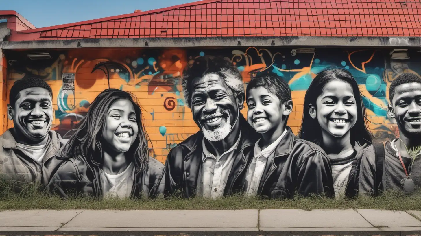 Evolution of Happiness Graffiti Style Mural Depicting a Mans Lifetime Journey