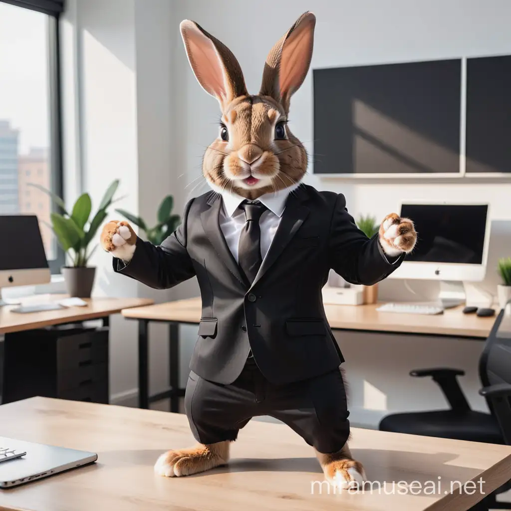 a rabbit wearing a black suit, standing like a boss next to an office desk 

