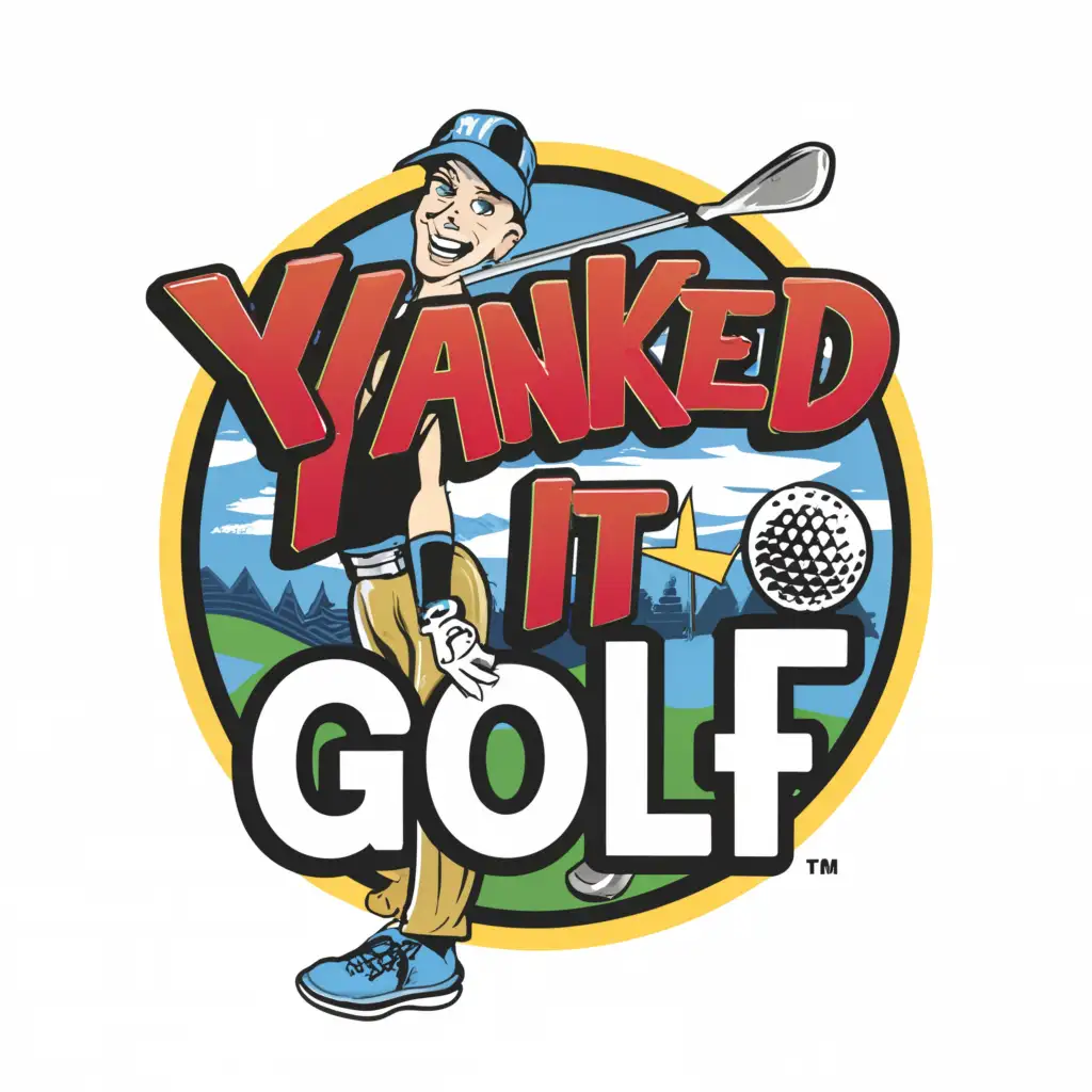 a logo design,with the text "Yanked it Golf", main symbol:Golfer on the teebox in the background with a golfer laying on the ground in the foreground with a golf ball laying next to him. Make the logo as if it were a comic book. Spell the name as indicated,complex,clear background