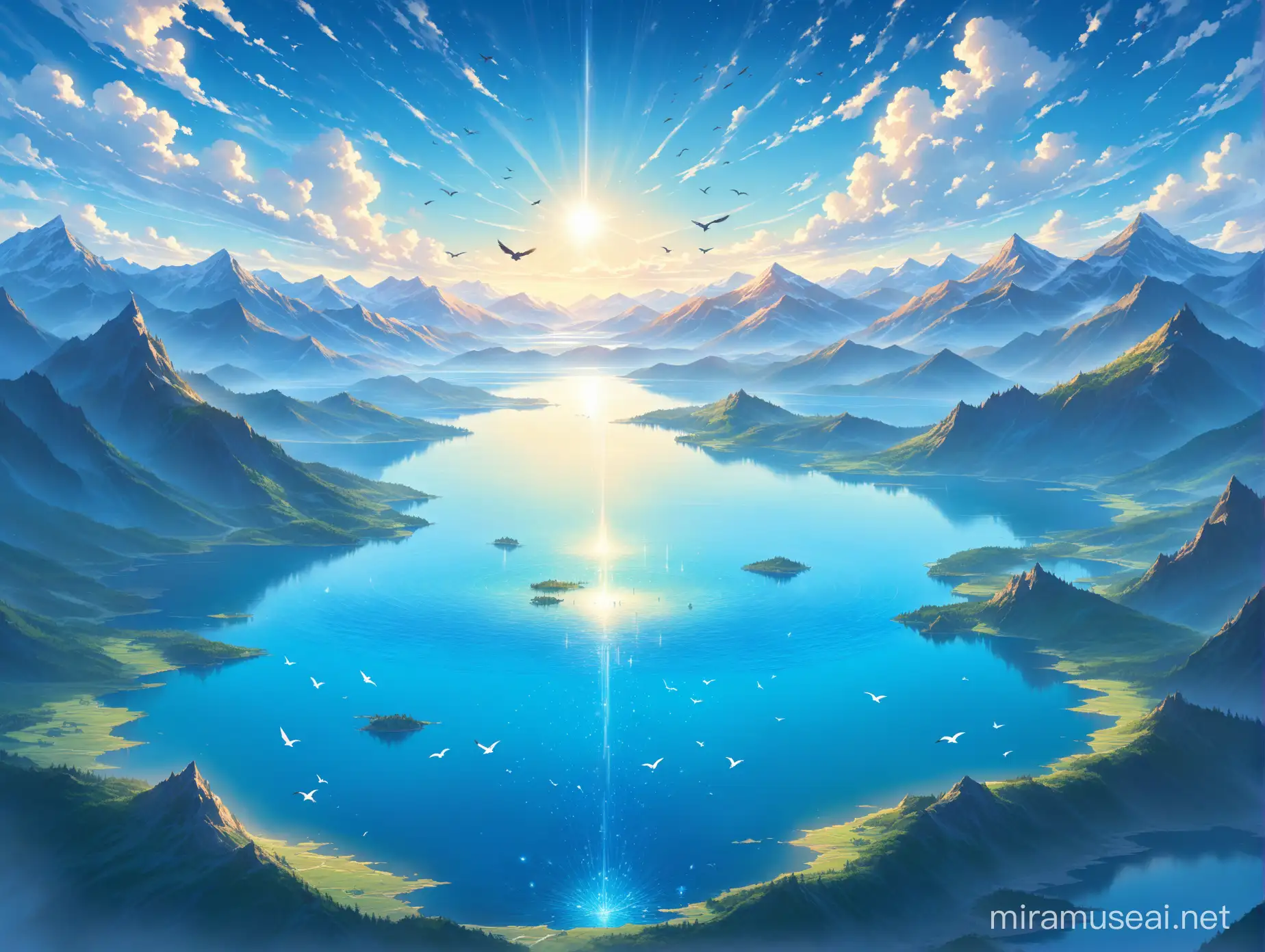 a giant blue fantasy lake, there are mountains in the distance. some birds fly over the lake. the sky is partly cloudy but there are cracks of light. into souls