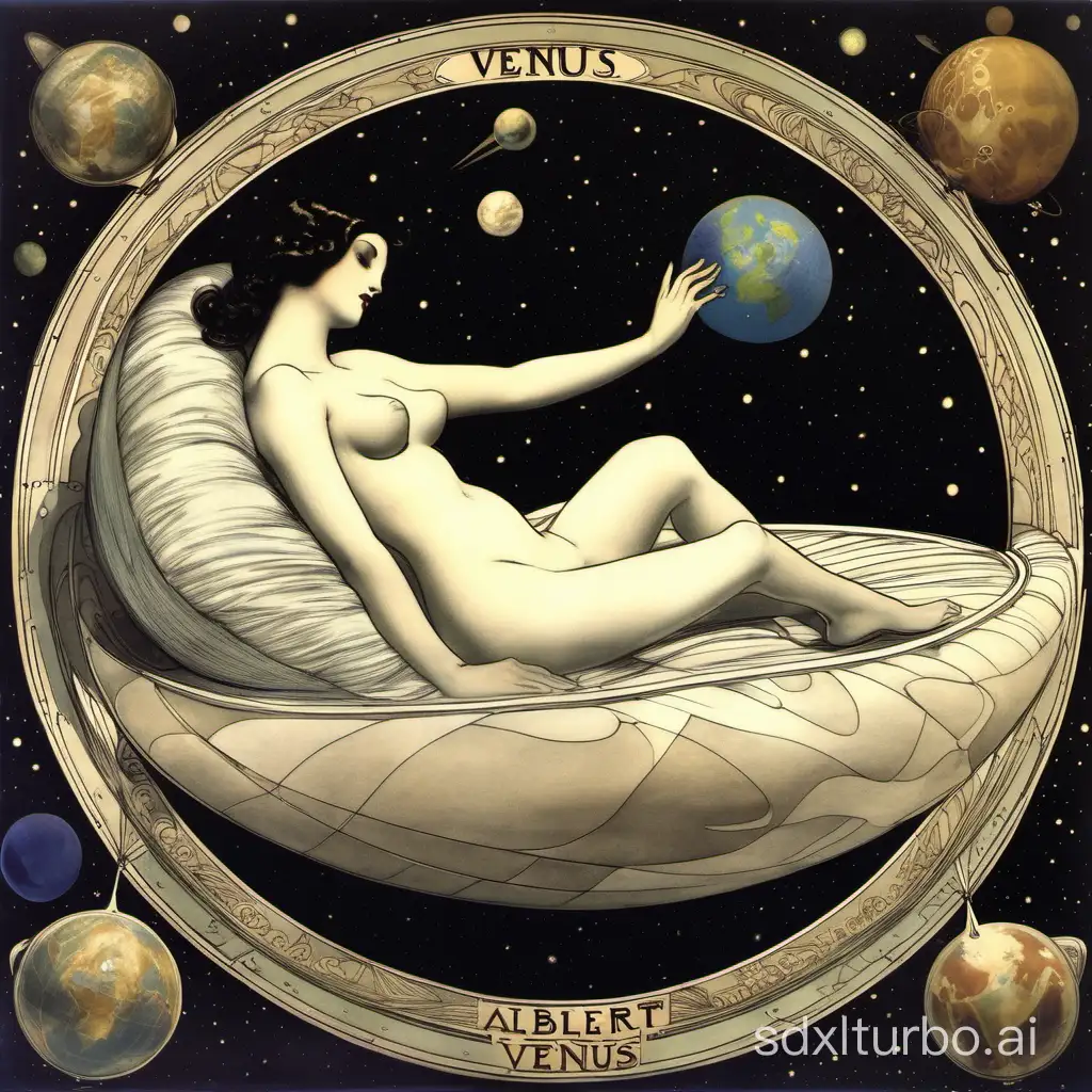 selene to lie down on venus, she has a world patterned cover on her
 by Albert Aublet
