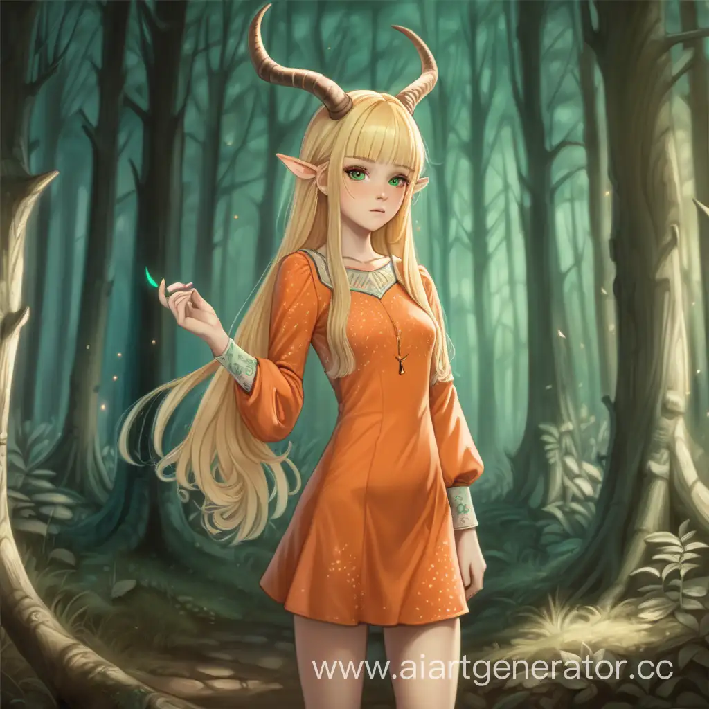девушка, короткое платье, блондинка, в полный рост, зеленые рукава, рога, длинные волосы, длинные рукава, в лесу, оранжевые глаза, рисунки на лице, веснушки