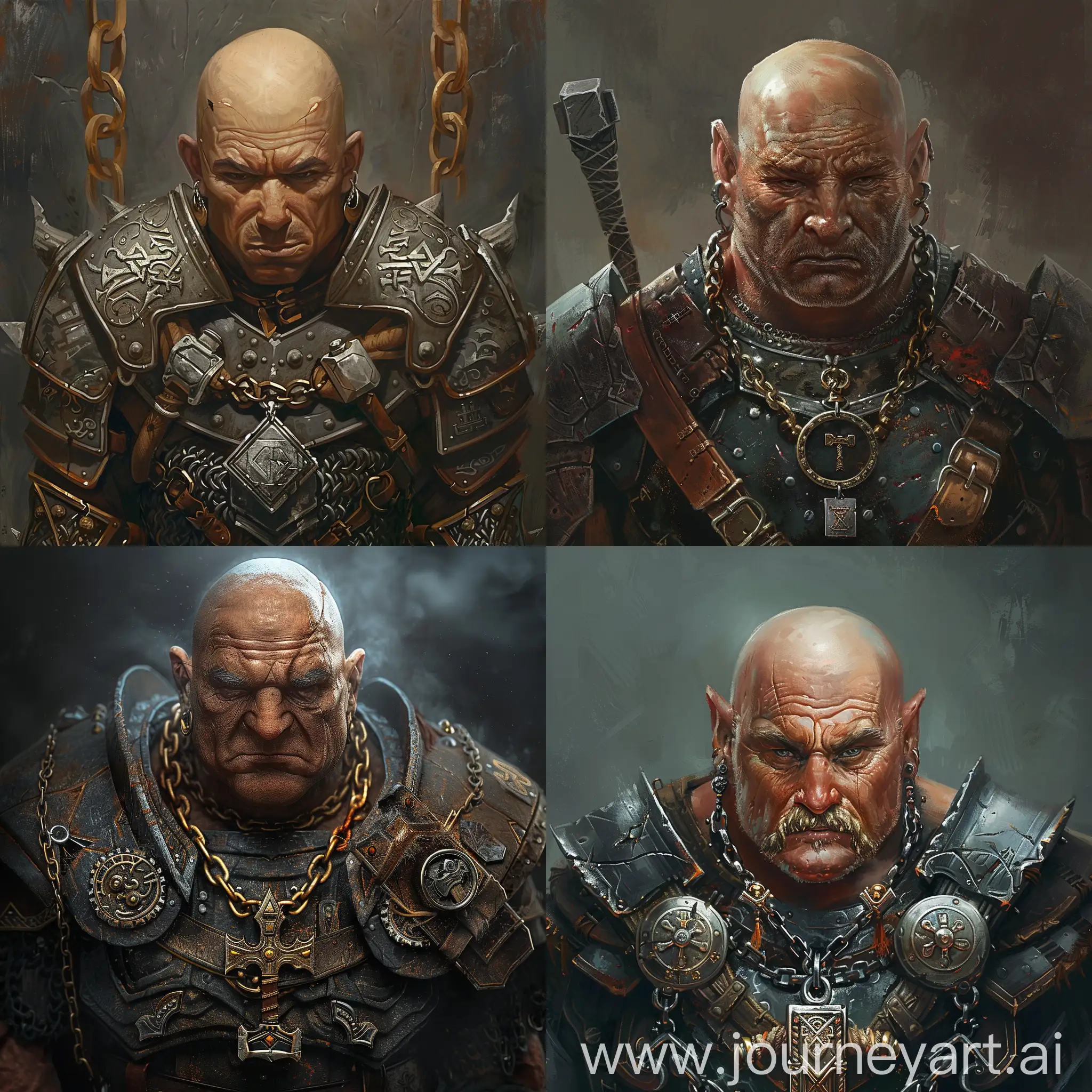 a fantasy bald dwarf wearing heavy armor and with a necklace representing a hammer