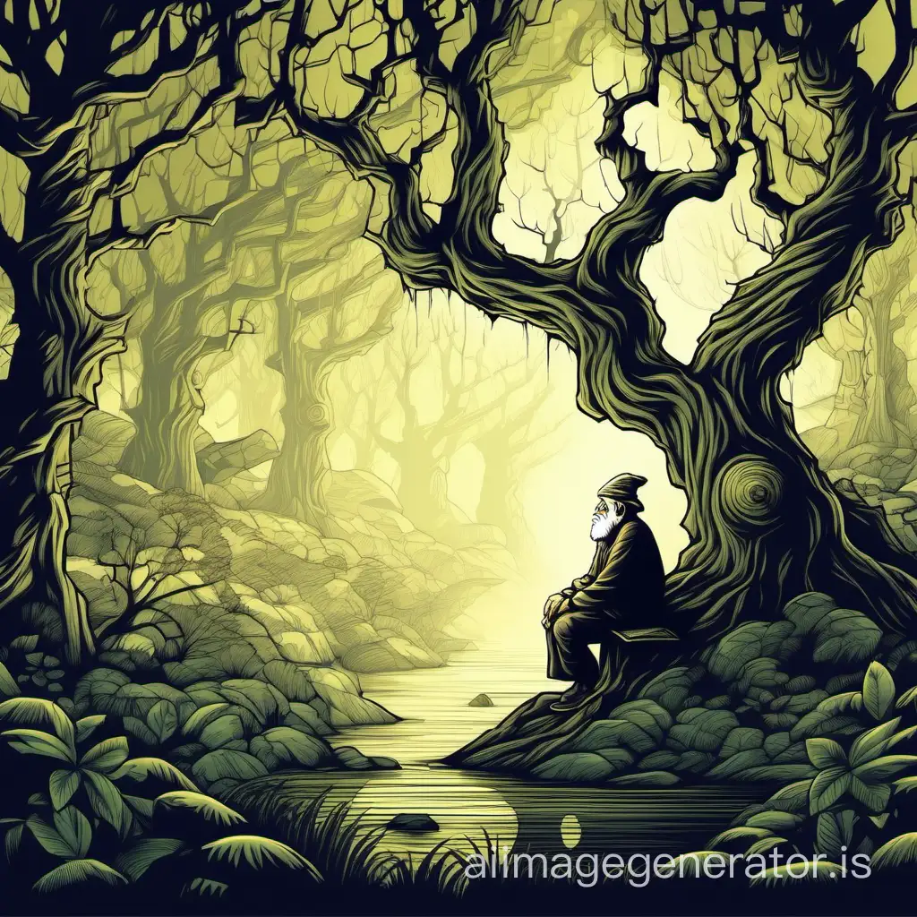 Fantasy forest 2D vector graphic background with an old man sitting in a tree