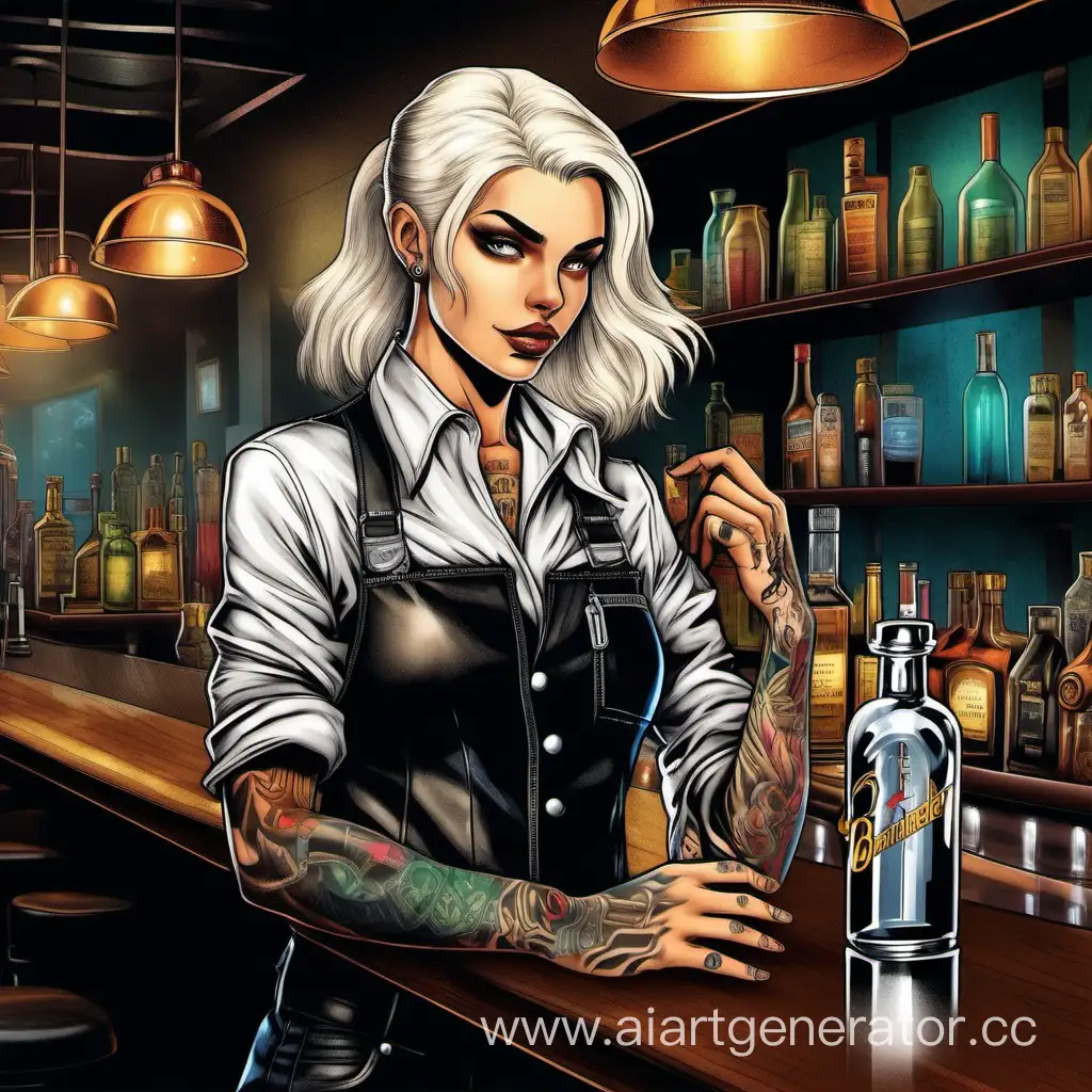 Девушка бармен с русыми прямыми волосами, одетая в форму бармена держа в руках натертый бокал, смотрит в сторону выхода на появившегося в нем беловолосого татуированного молодого парня в кожанке