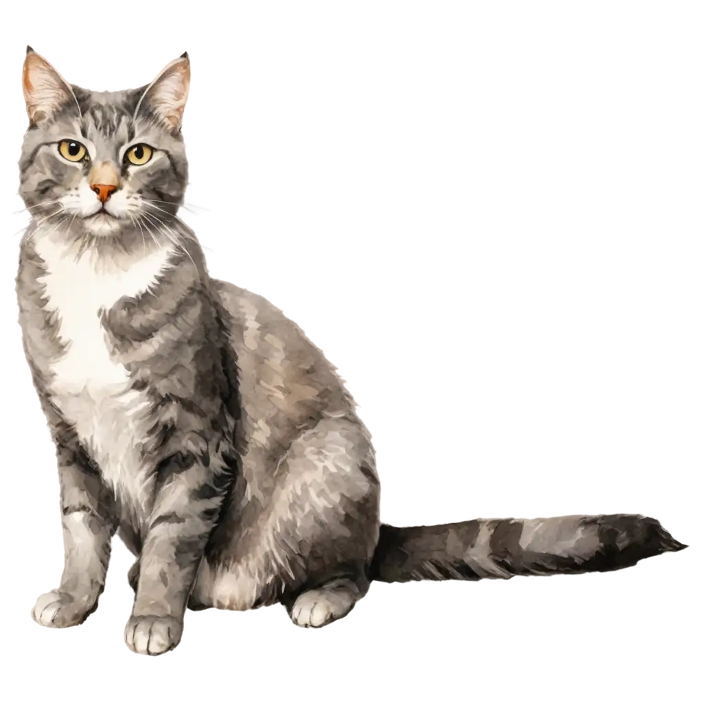 Graceful-Grey-Cat-Sitting-Captivating-Watercolor-PNG-Image