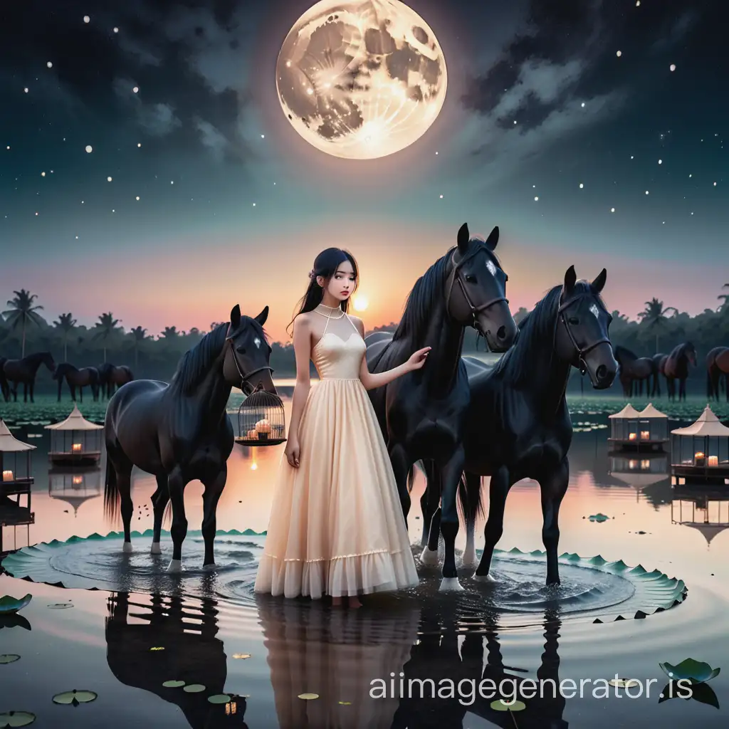 a girl with cream dress on lotus lake holding a cage.
black horses in background . sunset .black sky in collage style.to the moon. black starry sky