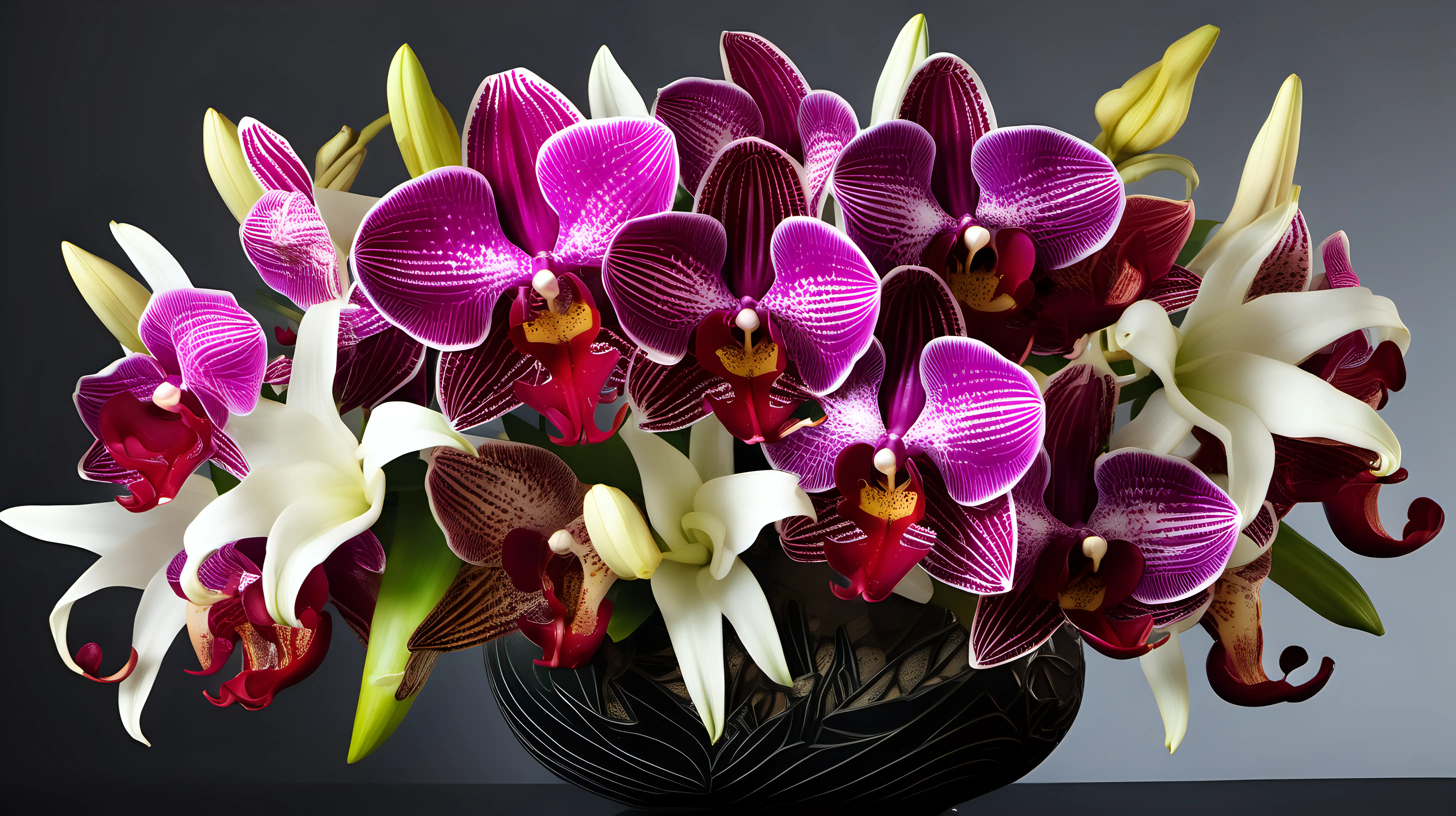 A bouquet of exotic orchids and lilies, with their intricate petals and vibrant colors, embodying passion and desire.