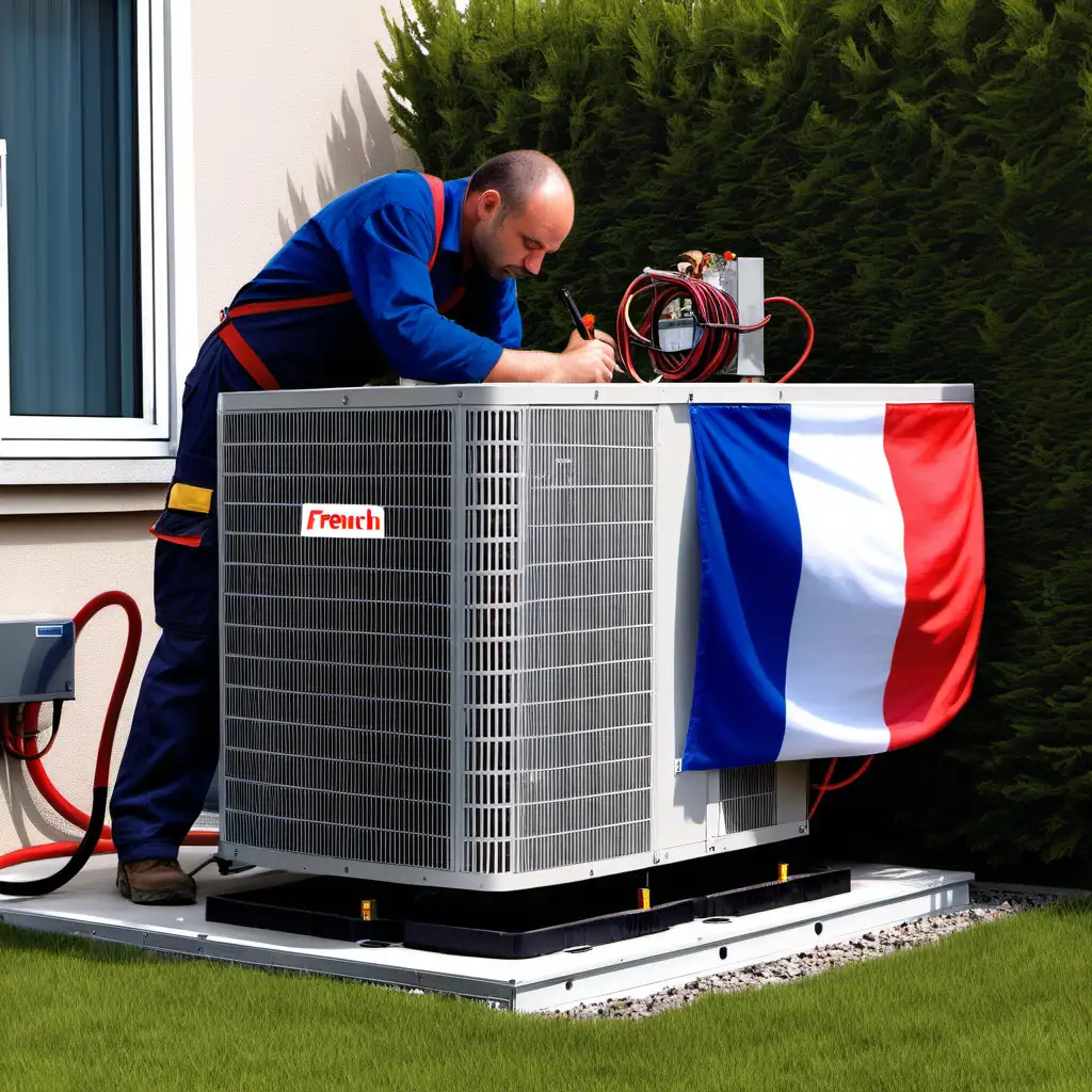 a french technician focused on his work and installing a heat pump.
add a french flag 