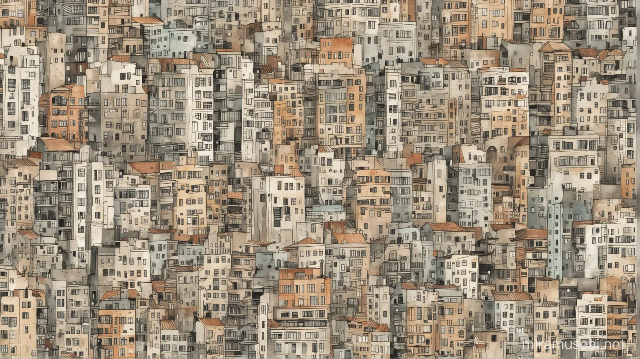 wzór zainspirowany spontanicznymi rysunkami architektonicznymi. Panorama miasta. grafika nawiązuje do tematyki industrialnej. grafika wykorzystuje techniki malarstwa takie jak szkic, akwarela.