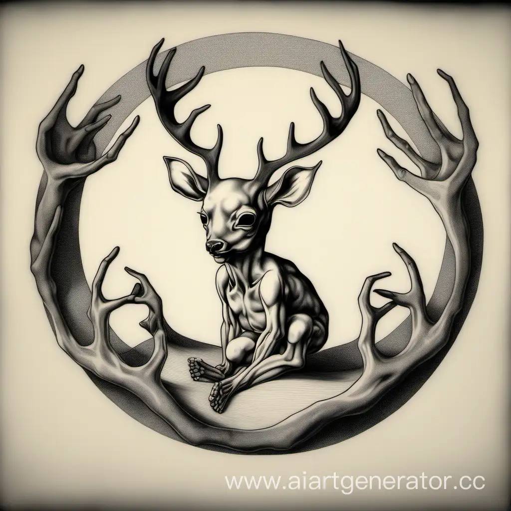 Noir-2D-Drawing-Mystical-Human-Embryo-with-Deer-Antlers-and-Covered-Eyes