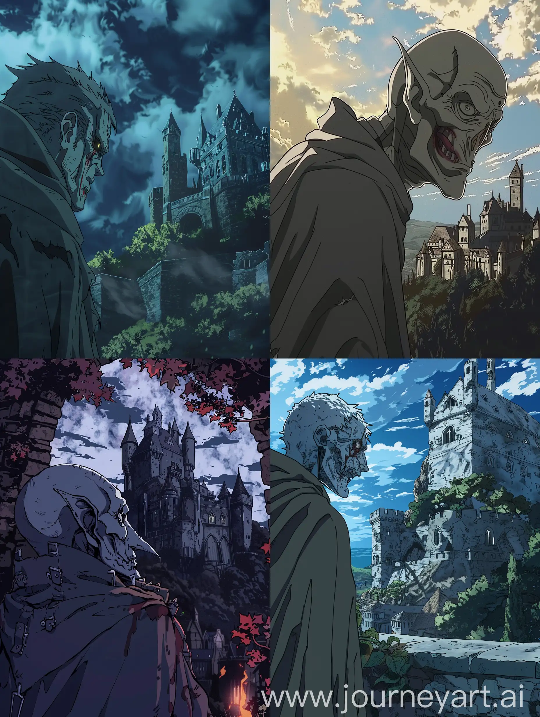 демон с серым цветом кожи смотрит на замок с лицом в котором чувствуется жажда крови а еще он в плаще в аниме стиле
