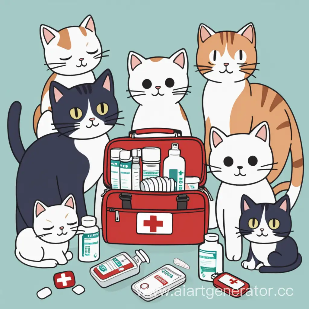 Картинка для информационного поста по оказанию первой помощи с мультяшными котами