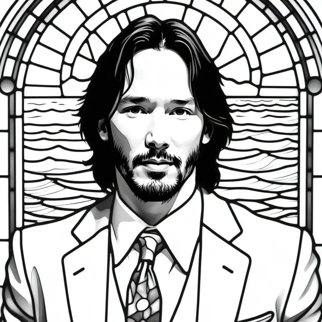 adult coloring page, clean black and white, white background, young Keanu Reeves in 1985, stained glass with beach theme