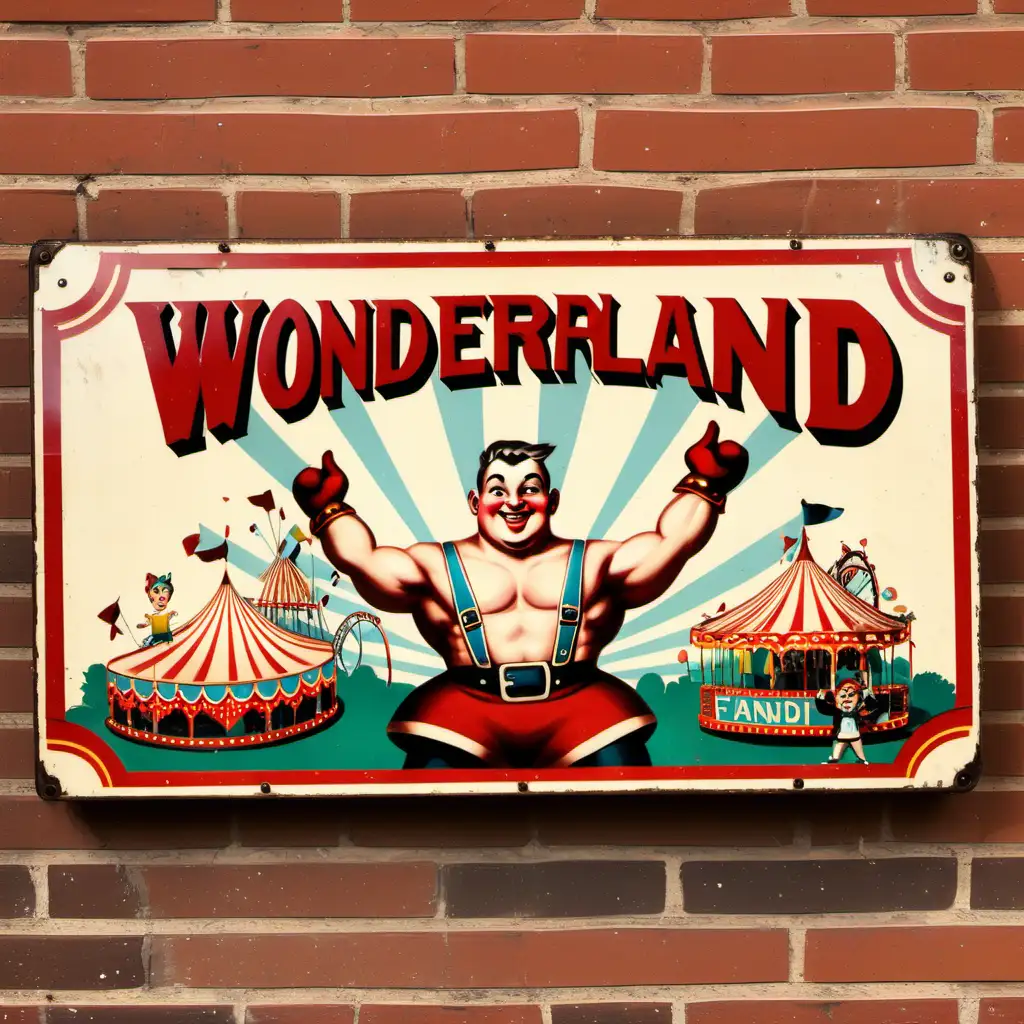 vintage english fairground sign, "WONDERLAND!" with cute 50s style strongman