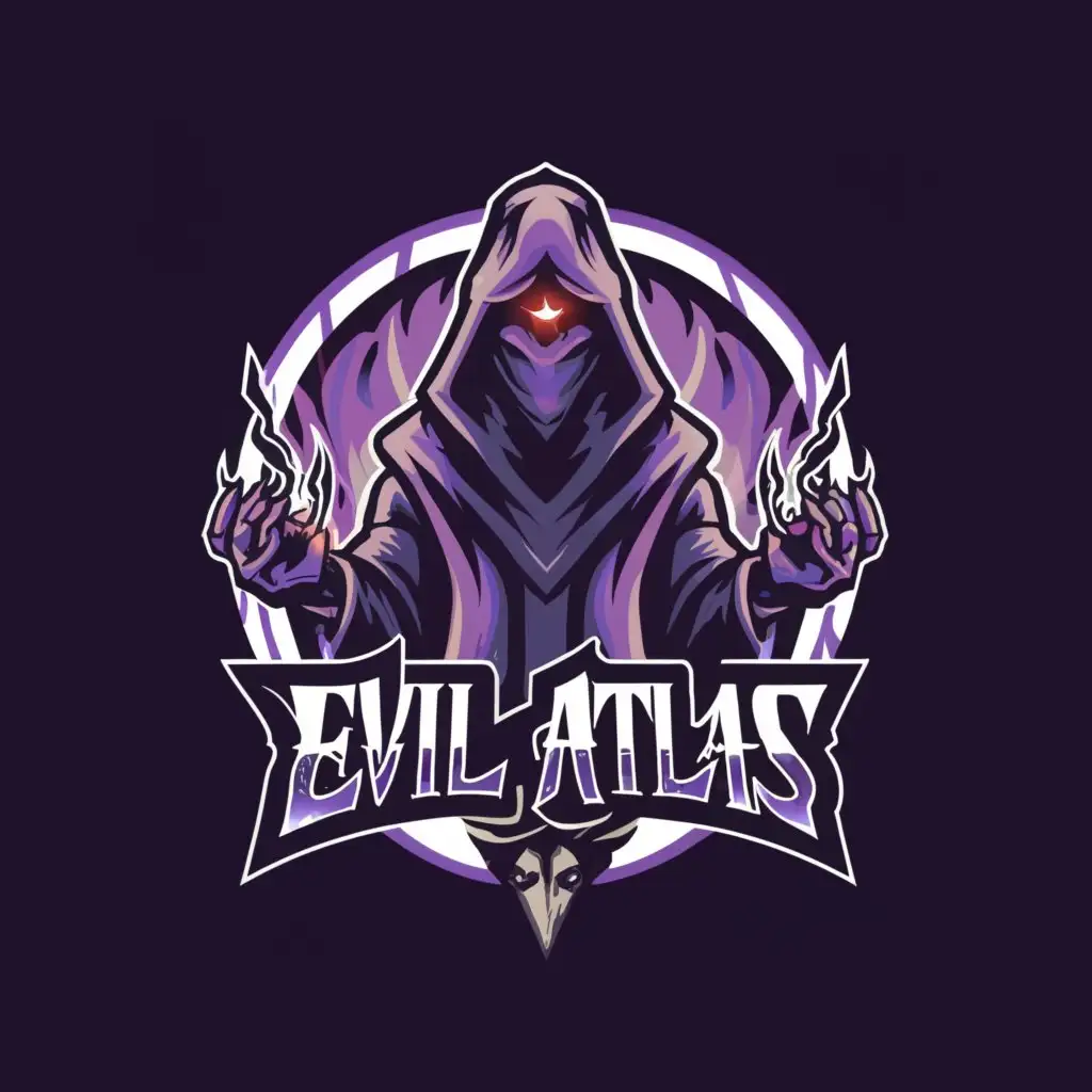 a logo design,with the text "Evil Atlas", main symbol:Thank you for your patience! Here's a description of the logo design:

The "Evil Atlas" logo features a sleek, stylized silhouette of a hooded mage standing tall and commanding, reminiscent of characters from Dark Cloud, Final Fantasy, and Veigar from League of Legends. The hood drapes dramatically over the mage's face, adding an aura of mystery and power.

The color palette includes deep shades of black and purple, evoking a sense of darkness and mystique. Wisps of cosmic energy swirl around the mage, intertwining with the hood and creating a captivating visual effect. 

The text "Evil Atlas" is elegantly incorporated below the mage, with the letters subtly warped to reflect the cosmic theme. The overall composition exudes an otherworldly and sinister vibe, perfectly capturing the essence of the hooded mage persona.

Let me know if you'd like any adjustments or if there's anything else I can assist you with!,Moderate,clear background