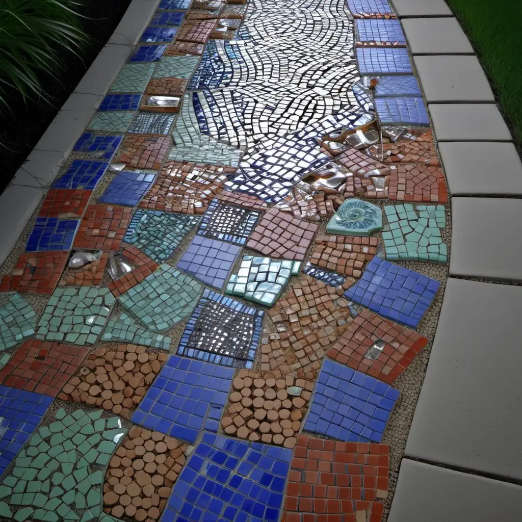 Mosaic tiles (broken pieces of ceramic or glass) create a pathway for a backyard make it look natural. 