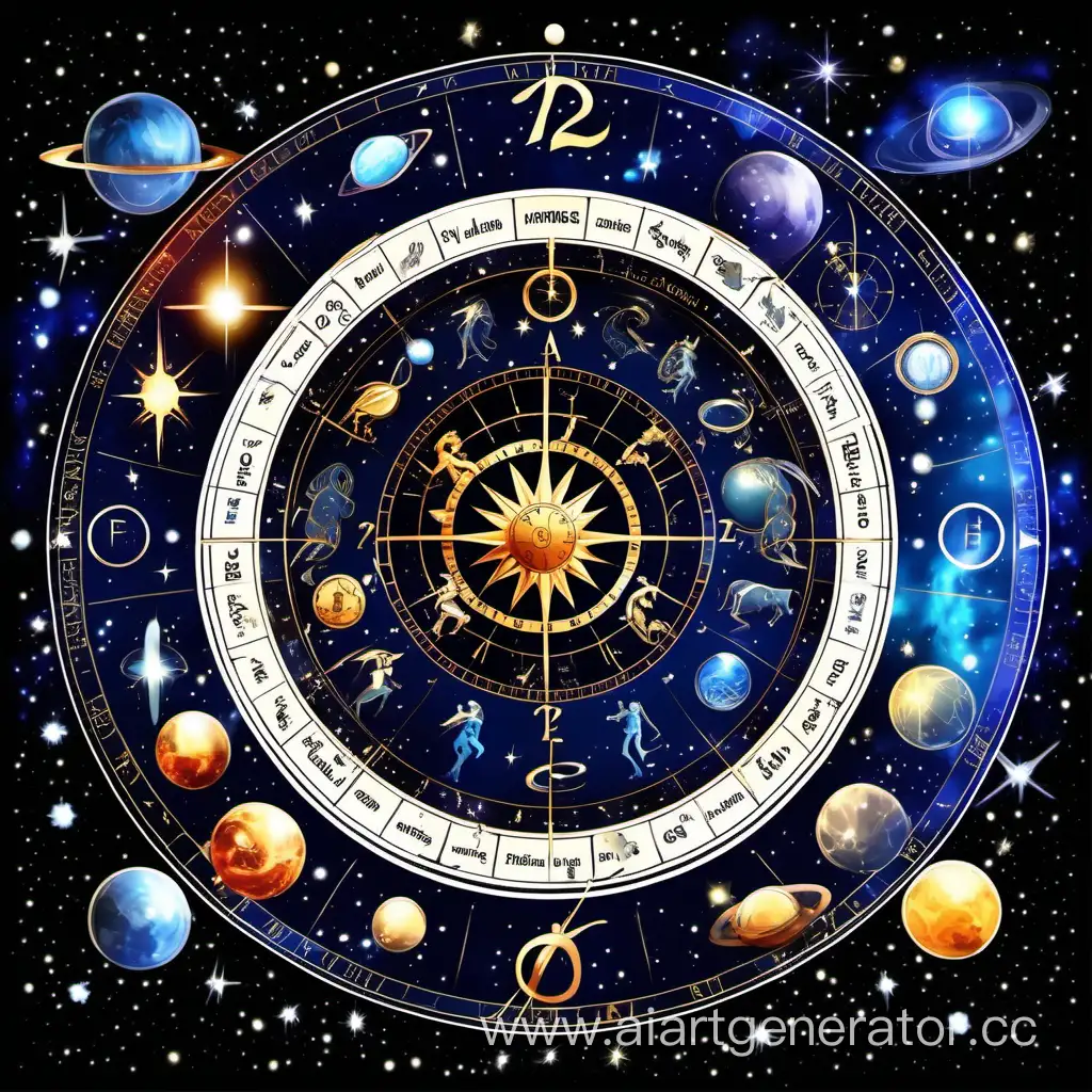 12 знаков зодиака вокруг компаса на фоне космоса