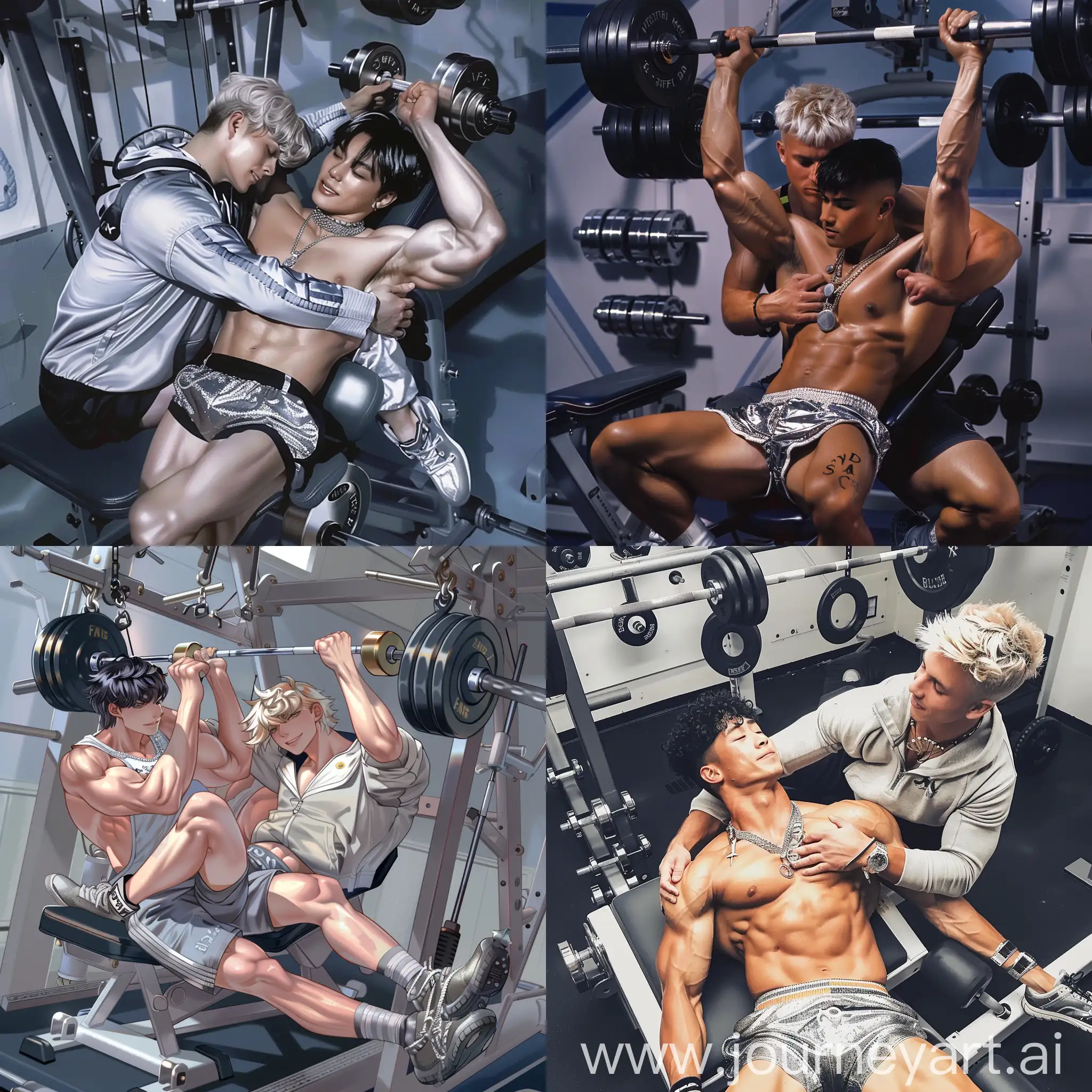 strong young male, black hair, siver short, silver shoes, silver necklace, lying on a fitness machine, pulling weights in the air, hugged by handsome american male sailor with blond hair, surrounded by fitness attributes