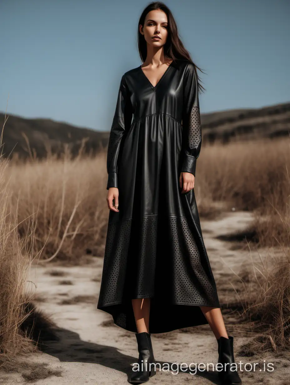 black long perforated dress  in boho style made of eco leather with a V-neck and long sleeves