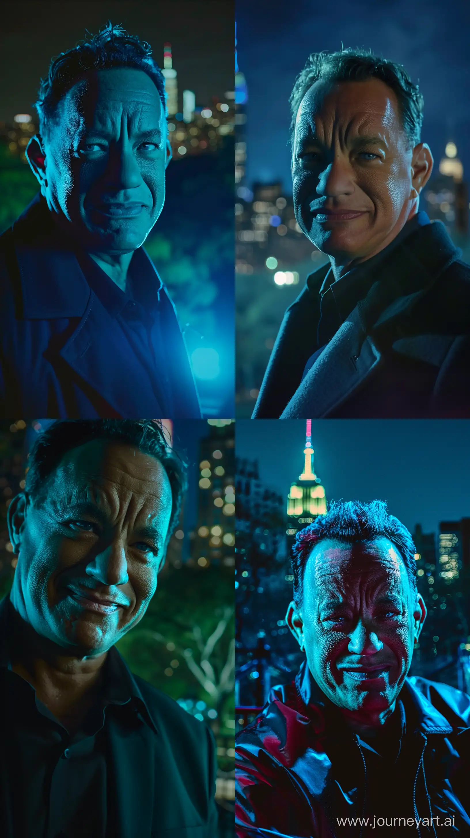 Tom Hanks Looking to Camera with Mysterious Smile, Central Park in Background, Night, Blue Effect, Cinematic Photography, Closeup, High Precision --v 6.0 --ar 9:16 --style raw 