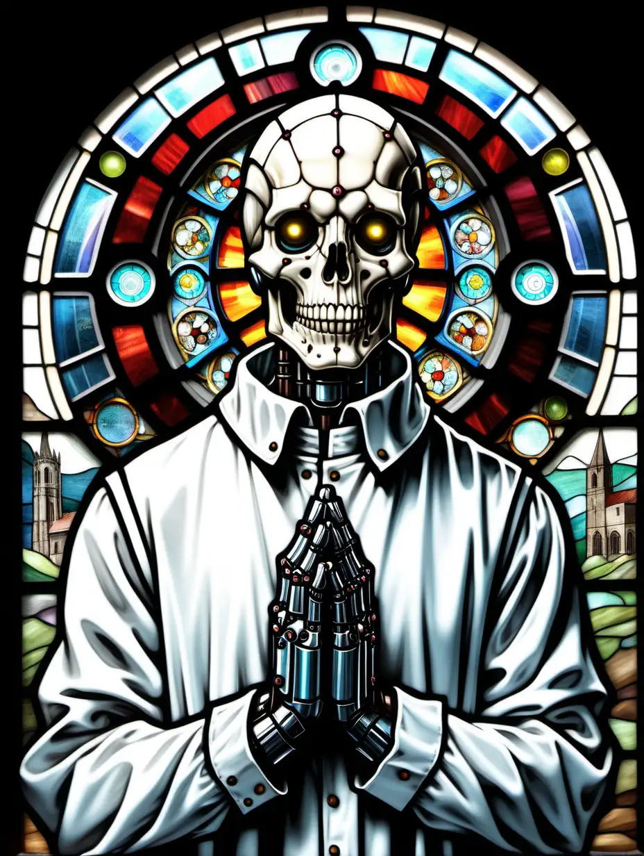 a sporty hunk white shirt, rolled up sleeves, electronic flecks in the hands (hands look like they belong to a robot), prays in a medieval church.
a round stained glass window around the head like a halo. stained glass drawing: abstraction in which you guess the robot's skull
